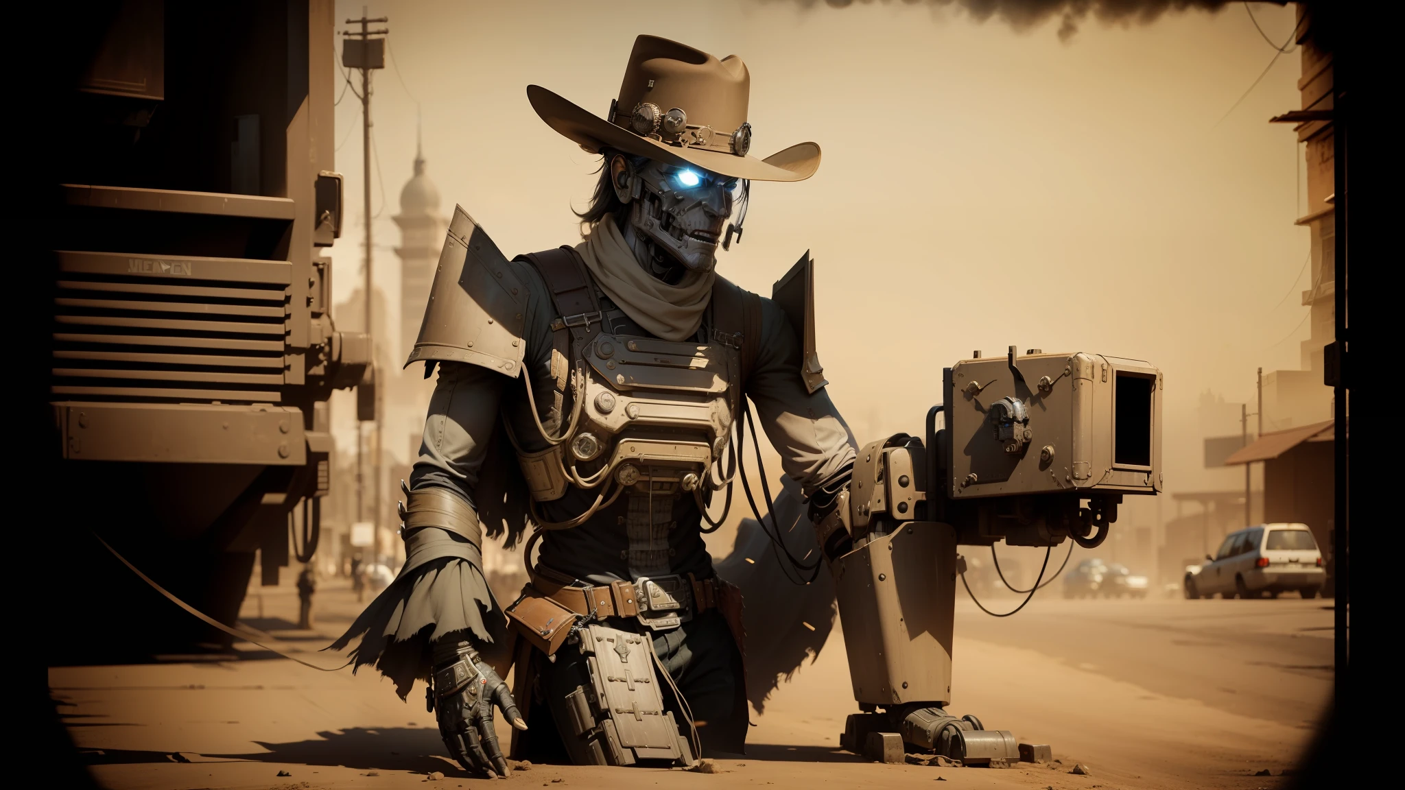 there is a man in a cowboy outfit walking down the street, movie still of a villain cyborg, 500px photos, full - body artwork, steam necropolis, realistic shaded robotic parts, high noon, biped, awarded winning photo, astral clockwork, style of nekroxiii, outlaw --auto --s2