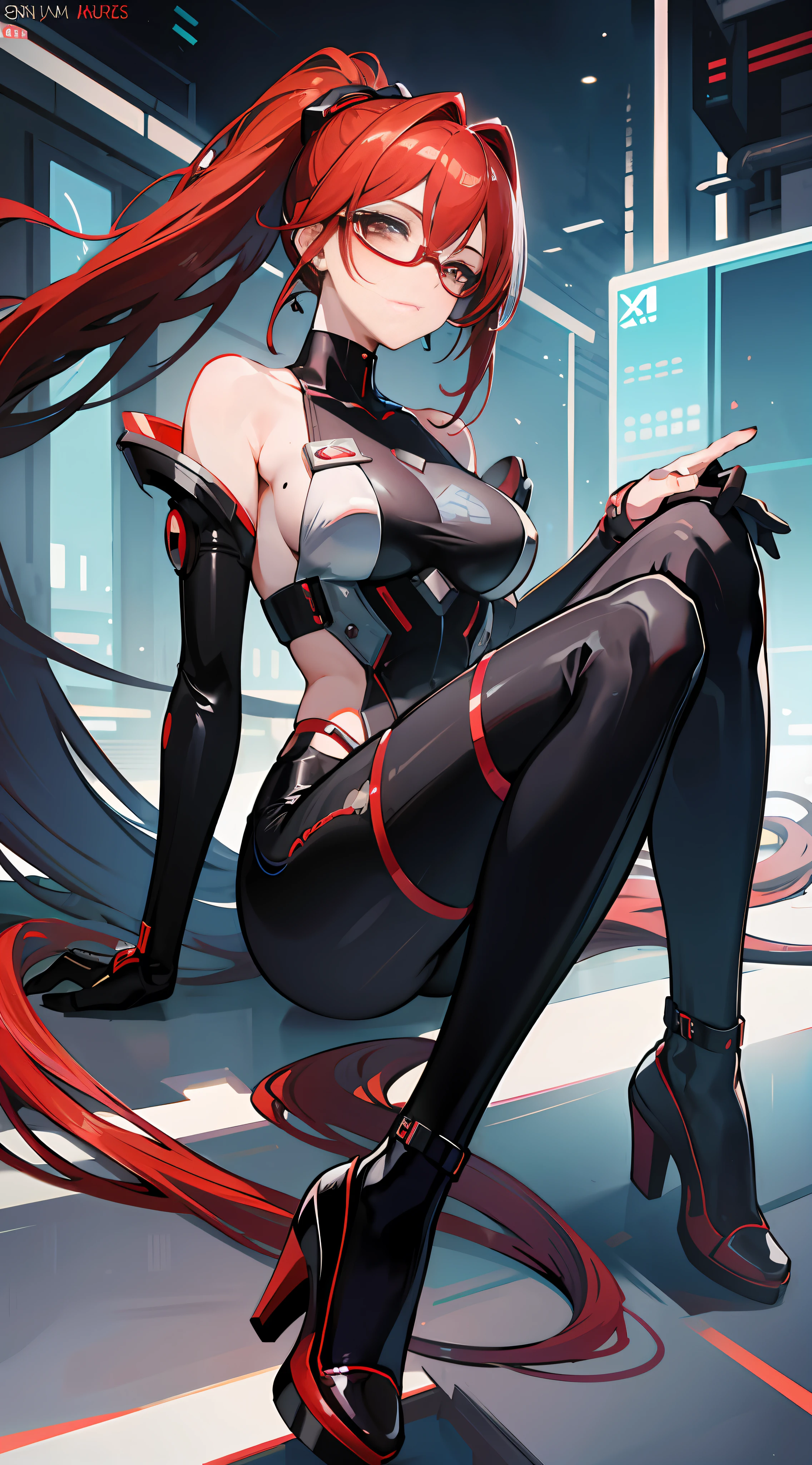 red hair, hair between eyes, rimless eyewear, head mounted display, mole under mouth, x-shaped pupils, torogao, cyberpunk, Women's suits, high heel, short ponytail, anime, anime style, cinematic lighting, UHD, masterpiece, ccurate, high details, 4K, super detail, highres