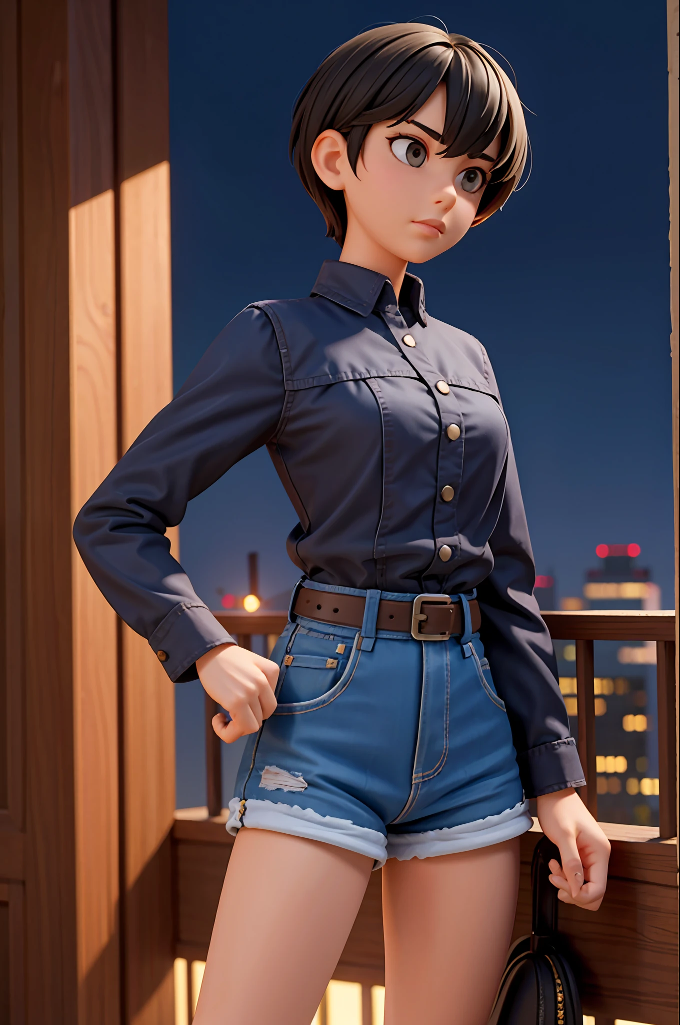 dark-haired, short-haired, masterpiece, top quality, 1 woman, night, cowboy shot,