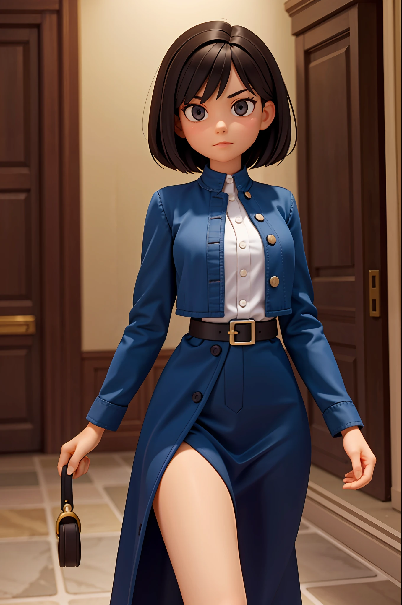 dark-haired, short-haired, masterpiece, top quality, 1 woman, night, cowboy shot,