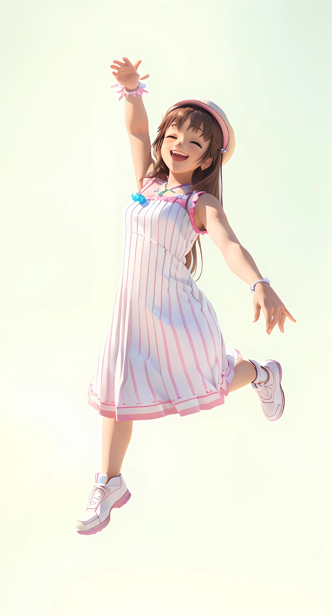 There is a girl in dress and hat jumping in the air, rendering a cute 3D anime girl, girl in white dress dancing, kawaii playful dancer pose, she is dancing. Reality, Pose (Arms Up + Happy), Dancing Character, April Rendering, Anime Girl Running, Character in Her Natural Pose, 3D Anime Girl with Champion Trophy in Hands Limb coordination