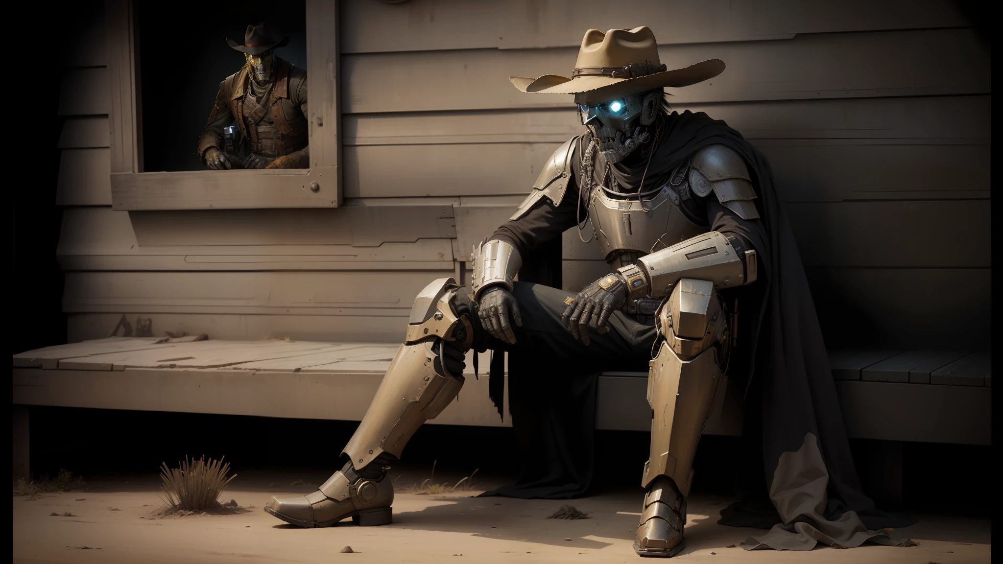 there is a man in a cowboy hat sitting on the ground with a camera, yellow human-sized warforged, collodion photography, realistic mechanical details, benevolent android necromancer, hot and dry, the price of ncr, ancient photograph, cyborg zombie --auto --s2