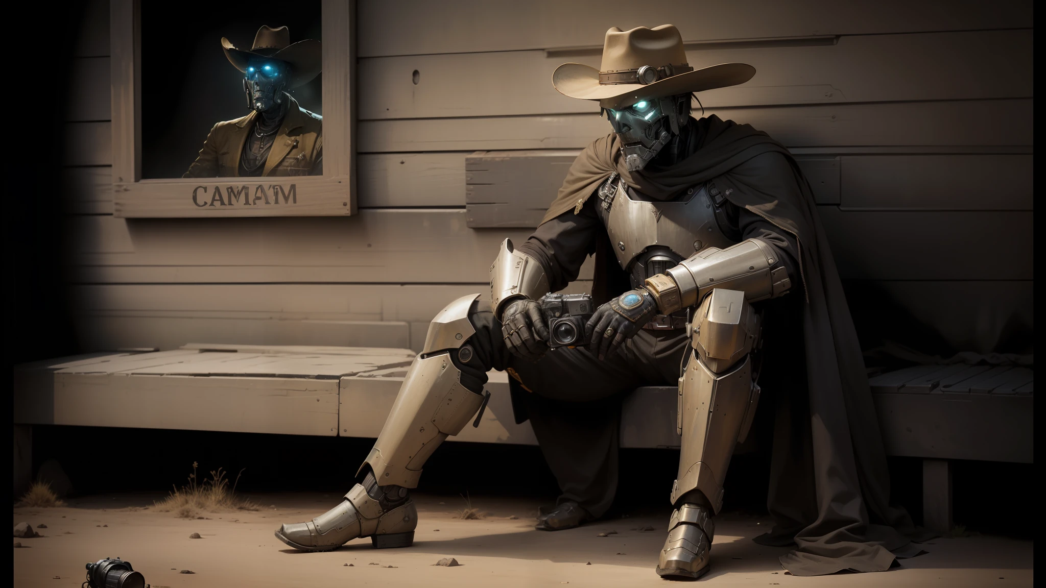 there is a man in a cowboy hat sitting on the ground with a camera, yellow human-sized warforged, collodion photography, realistic mechanical details, benevolent android necromancer, hot and dry, the price of ncr, ancient photograph, cyborg zombie --auto --s2