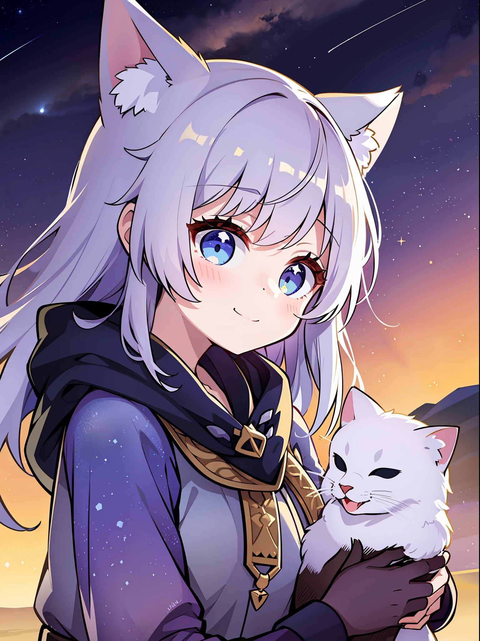 Cute girl with cat ear, light smile, scenery starry sky, night, cute and light color palette.