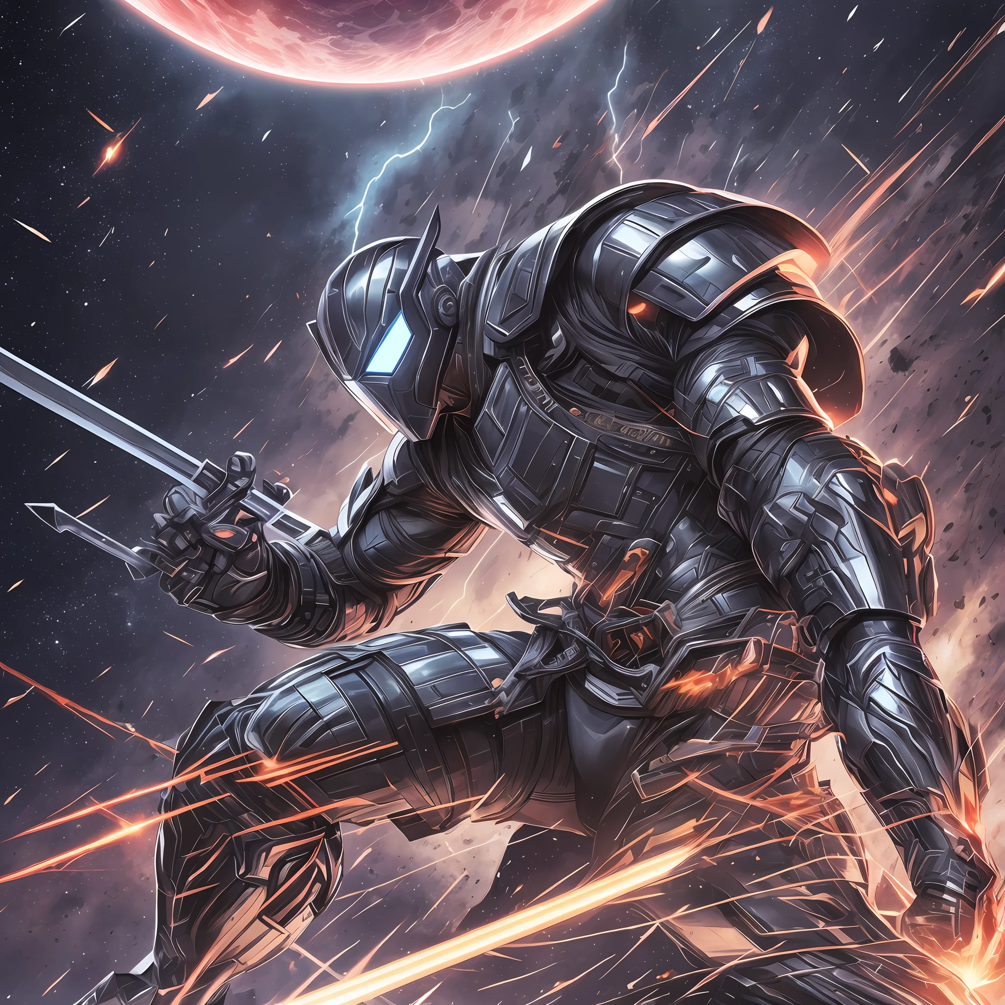 illustration of 2021 marvel comics,silent Black metallic armor samurai griping sword swiftly in a lightning from a sitting position and slash trajectory zero GRAVITY on the moon,dynamic angle ,hyper detail --auto --s2