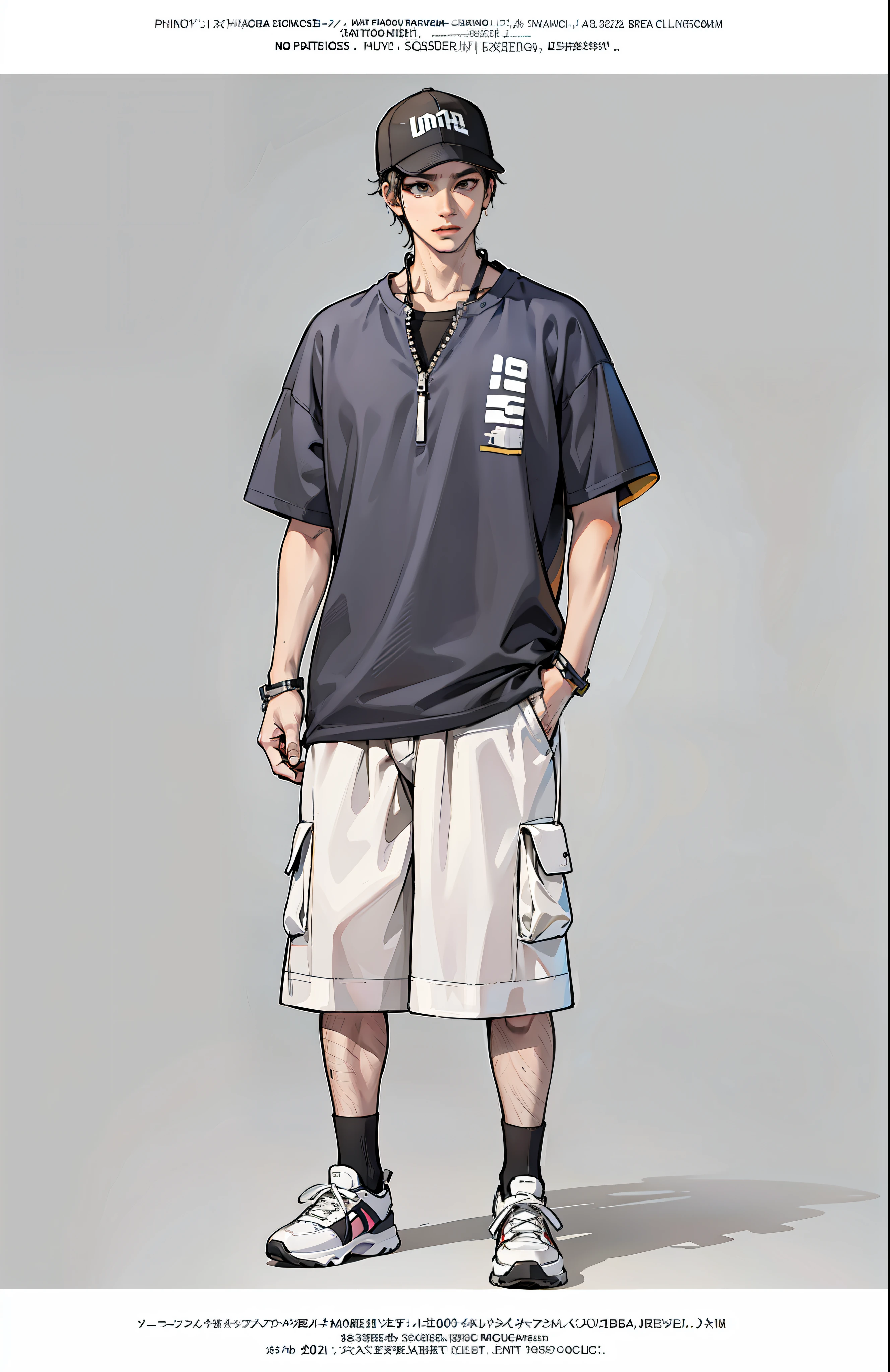 boy, vertical painting, natural light, global light, front view, fashion, pattern, fashion, trendy brand, tank top, cool, suspenders, zippers, buttons, pattern, logo, pleats, sophisticated, sequins, sparkle, generate more details, t-shirt, shorts, shiny, modern, anime style, anime, modern, futuristic, first-person perspective, panorama, concept art, uhd, masterpiece, ccurate, super detail, high detail, high quality, best quality, high resolution, no background, white background