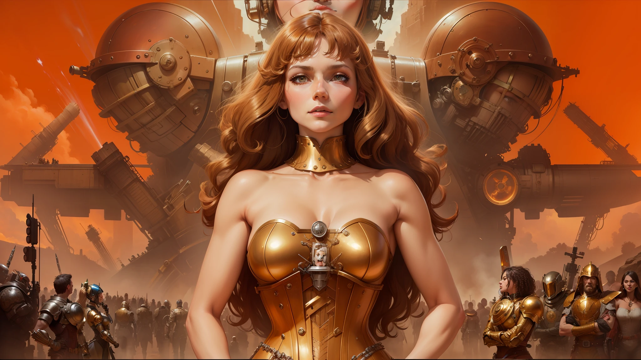 a close up of a woman in a corset dress with a bunch of people, les edwards poster art, golden and copper armor, mech, seventies, face like ester exposito, 1 9 7 0 s female alive, key frame, dollpunk, band of gold round his breasts, barbarella, metalic, mechanical, mechanical superstructure --auto --s2