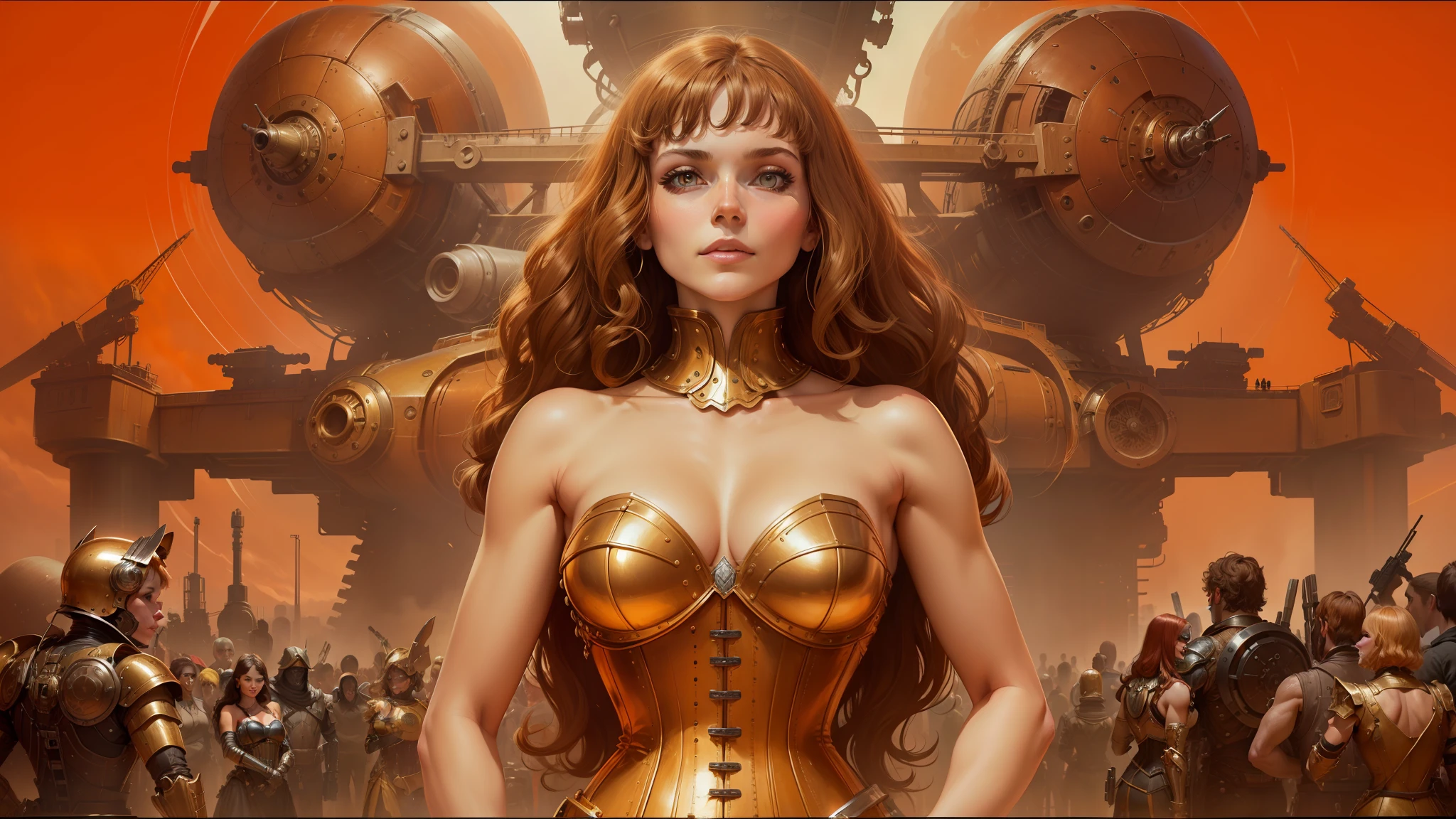 a close up of a woman in a corset dress with a bunch of people, les edwards poster art, golden and copper armor, mech, seventies, face like ester exposito, 1 9 7 0 s female alive, key frame, dollpunk, band of gold round his breasts, barbarella, metalic, mechanical, mechanical superstructure --auto --s2