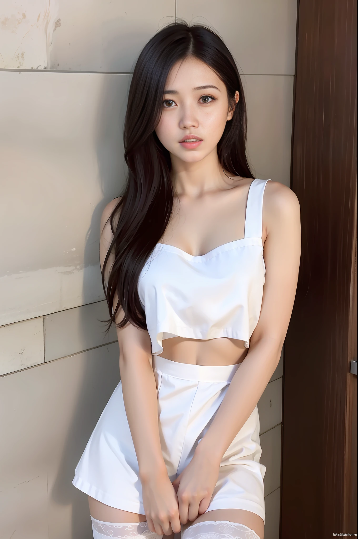 Asian girl, long black hair, wearing a printed long dress, sitting on the ground, crossed feet, wide eyes, looking forward, big breasts.