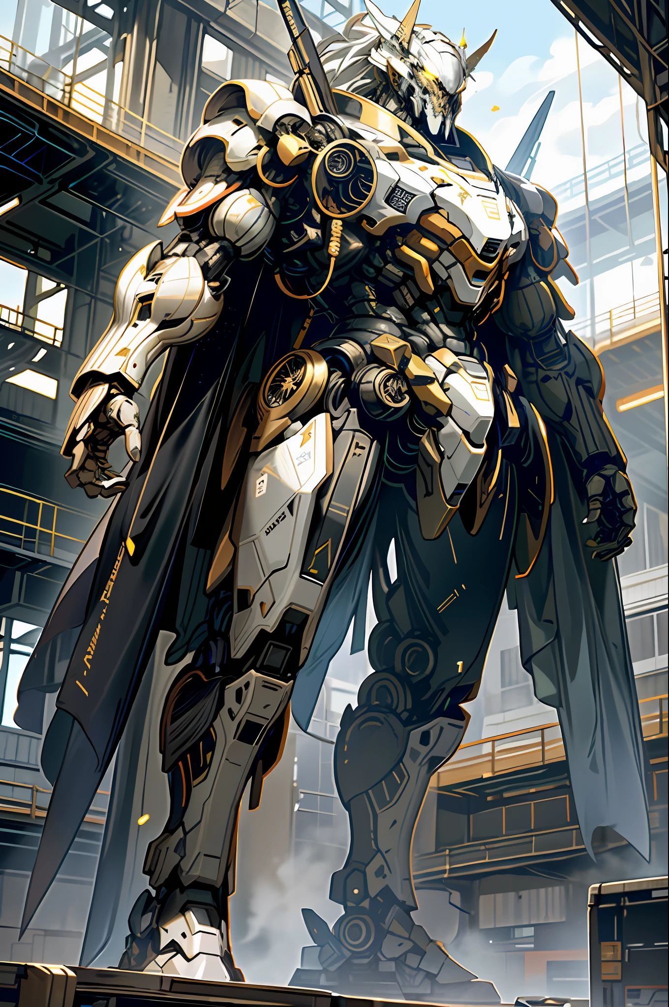 state-of-the-art big robot, building, glowing eyes, science fiction, hangar, realistic, state-of-the-art big mech, white and gold aircraft like a centaur, golden decorations, spear weapons, centaur type and huge,