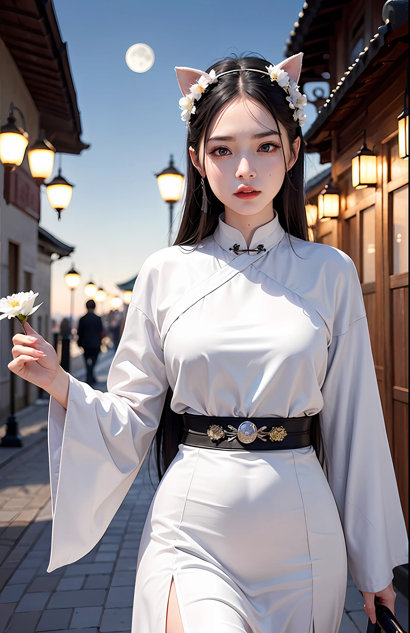 Masterpiece, Best, Night, Full Moon, 1 Female, Mature Woman, Chinese Style, Ancient China, Elder Sister, Royal Sister, Cold Face, Expressionless, Silver White Long Haired Woman, Pale Pink Lips, Calm, Intellectual, Three Belts, Gray Hitomi, Assassin, Dagger, Flower Ball Background, Strolling Street Masterpiece, Best, Night, Full Moon, 1 Female, Mature Woman, Chinese Style, Ancient China, Elder Sister, Royal Sister, Cold Face, Expressionless, Silver White Long Haired Woman, Pale pink lips, calm, intellectual, three belts, gray pupils, assassin, dagger, flower ball background, street view, white-haired catwoman, see-through, loose Hanfu, cat ears, cat tail, clear purple eyes,(NSFW:1.25)