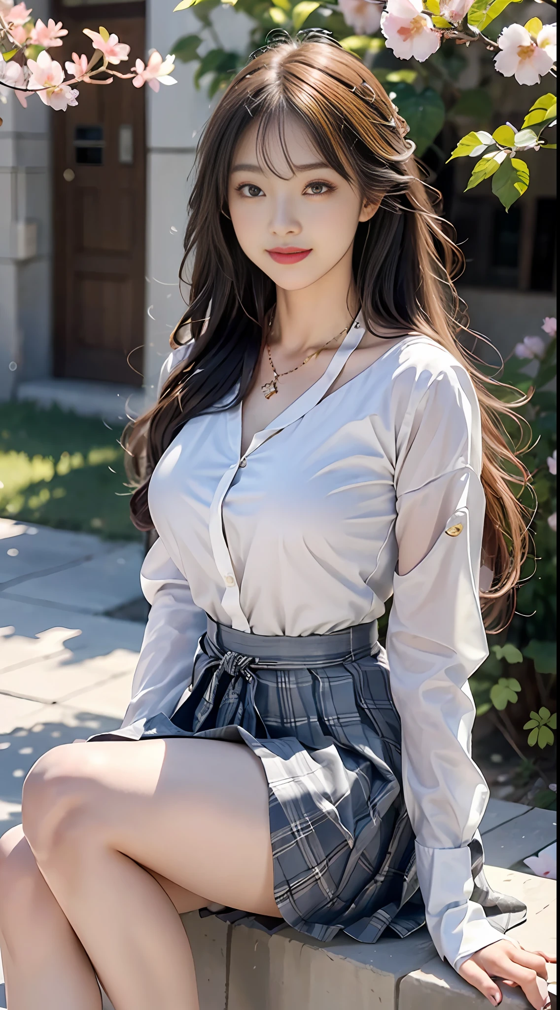 masterpiece, best quality, 1 girl, long hair, boring, sitting, feet up, sole, bangs, black necklace, black tie, blonde hair, blue skirt, blush, bracelet, exposed big breasts, necklace, waist dress, collarbone, collared shirt, denim lens, dress shirt, ear piercing, eyebrows visible through hair, gradient hair, grinning, gyaru, jewelry, kogal, long hair, looking at the audience, loose tie, tie, piercing, plaid skirt, pleated skirt, red eyes, ring, school uniform, shirt, skirt, smile, solo, white shirt, street, sky, cherry blossom, petal, melon face, superb figure