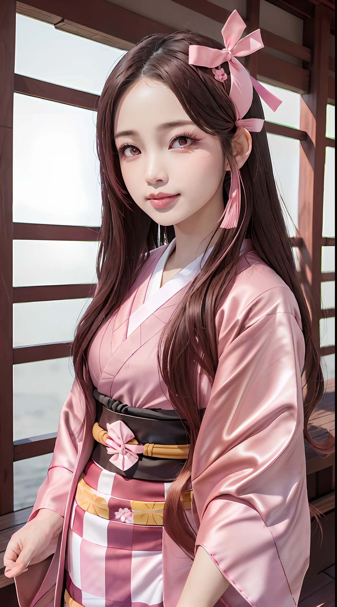 Masterpiece, best quality, high resolution, venus1,1girl, solo, Tsuko Kamato, bamboo, brown hair, (((pink ribbon)) checkered belt, gag, gag, gradient hair, haori, japanese clothes, kimono, long hair, looking at the audience, pink eyes, pink kimono, pink ribbon, solo,