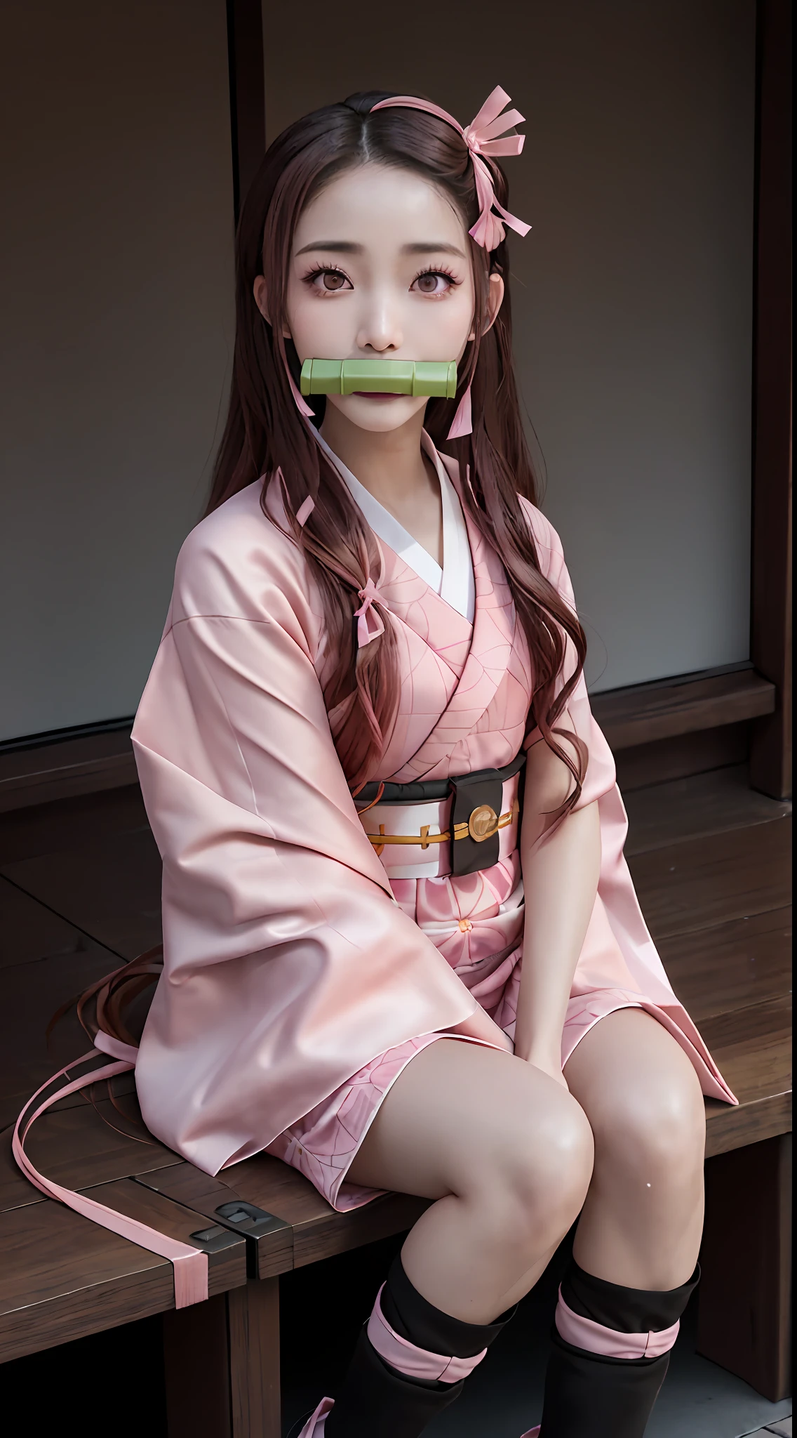 Masterpiece, best quality, high resolution, venus1,1girl, solo, Tsuko Kamato, bamboo, brown hair, (((pink ribbon)) checkered belt, gag, gag, gradient hair, haori, japanese clothes, kimono, long hair, looking at the audience, pink eyes, pink kimono, pink ribbon, solo,