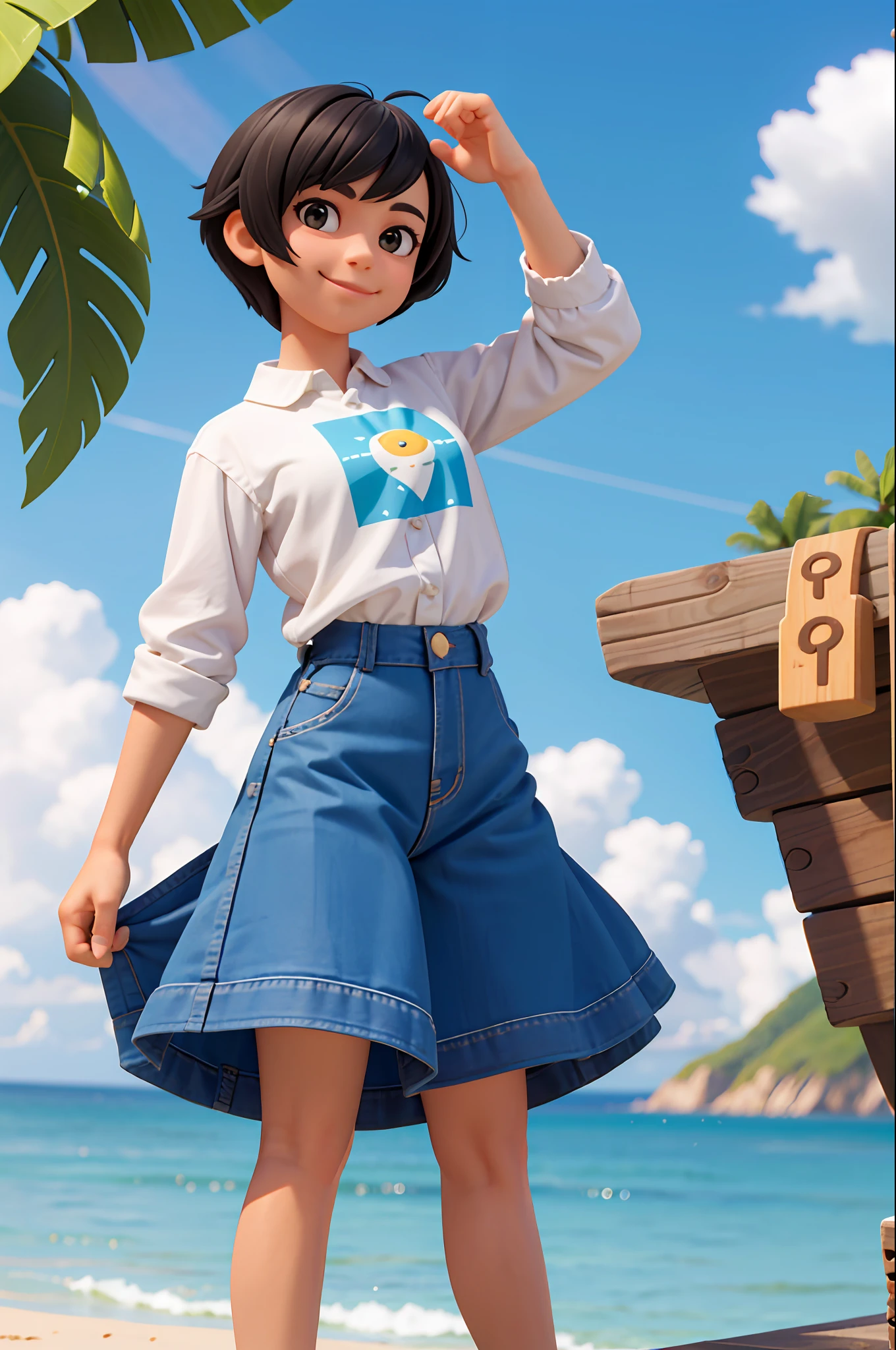 Black hair, short hair, smile, masterpiece, top quality, 1 woman, sunshine, sea, cowboy shot,