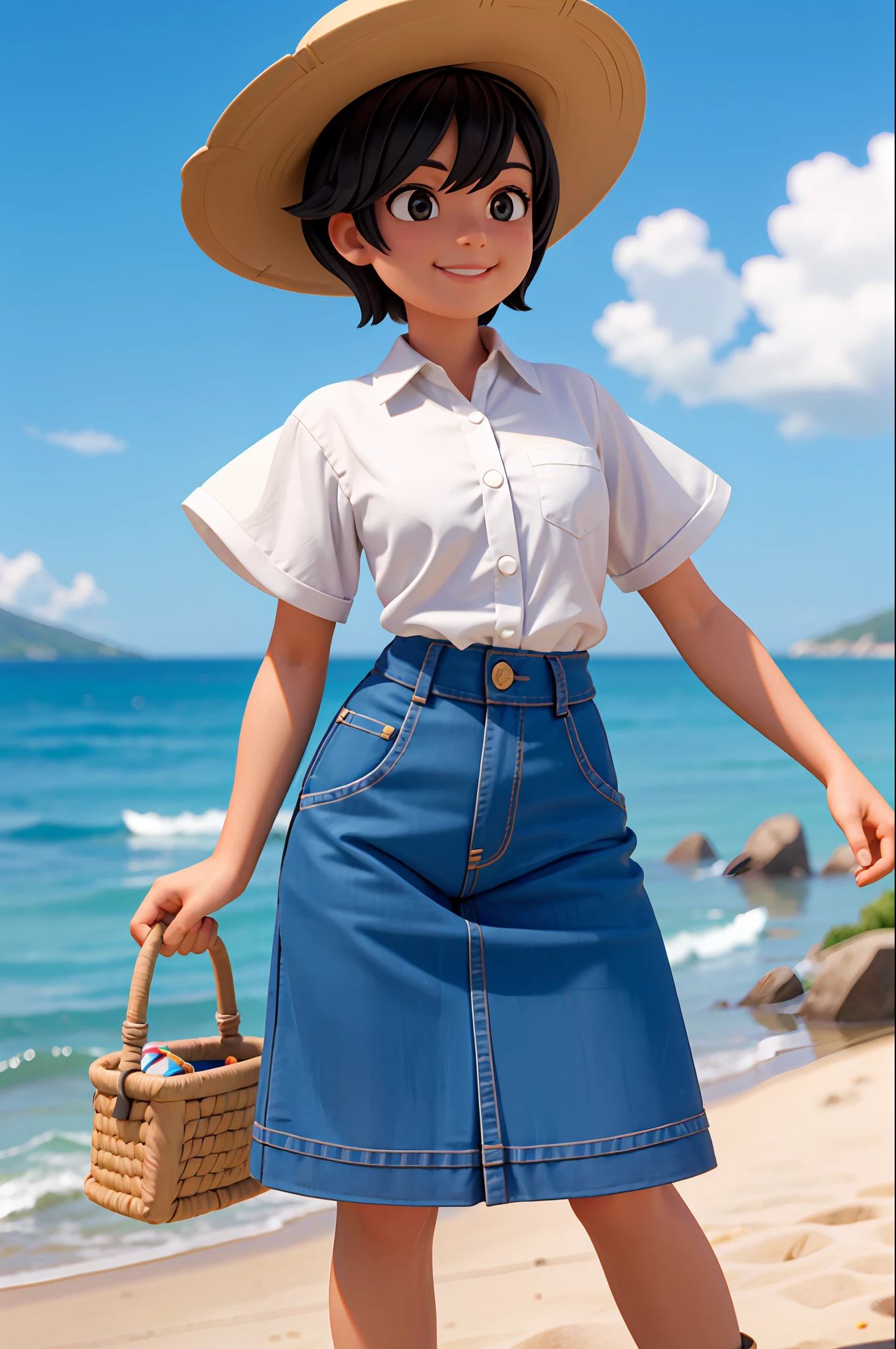 Black hair, short hair, smile, masterpiece, top quality, 1 woman, sunshine, sea, cowboy shot,