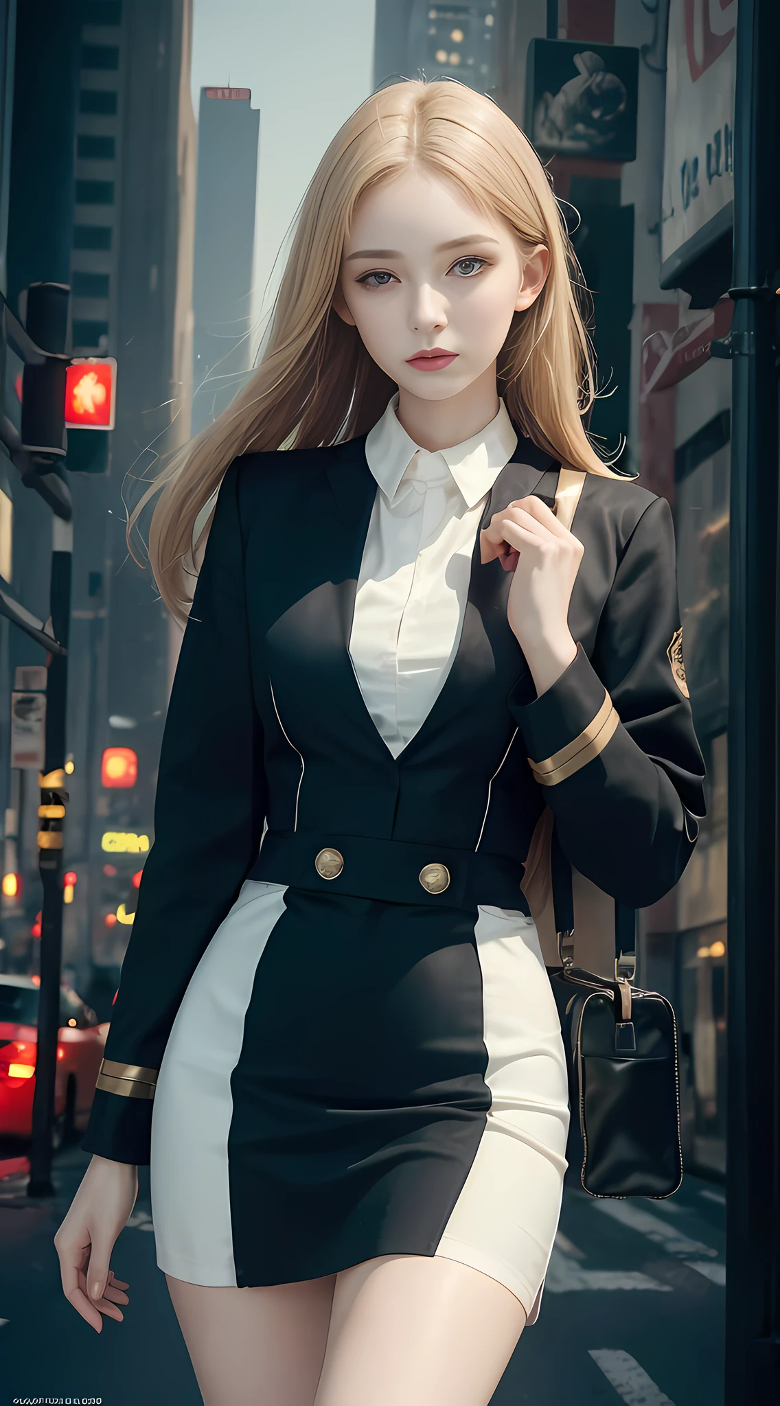 (1girl:1.3), solo, __body parts__ delicate and realistic skin, pale skin, big, official art, unified 16k wallpaper, ultra detail, beauty and aesthetics, beauty, masterpiece, best quality, in cyberpunk city, fantastic atmosphere, calm color palette, peaceful mood, soft shadows, flight attendant uniform, glamour