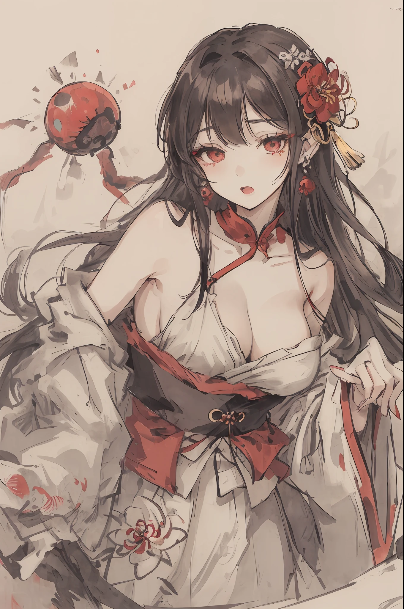 ((High resolution)), (Open Mouth), (Bust), (Top Quality), ((Super Fine)) (Super Fine CG)), ((8k_wallpaper)), Dynamic Angle, Floating, (Eyes with Beautiful Details), Very Delicate and Beautiful Girl, Upper Body, Ink Painting, (Chinese Style), Dark Eyes, Burning, Detail Light. from_low, (black hair), (red spider) lily: 1.33), aqua eye, (hair flower: 1.3), Bloom, single, starry sky, hair accessories, earrings, jewelry, messy hair, bare shoulders, half-closed eyes, bloom, (men), (Hanfu: 1.3), (Medium breasts): 1.2), (Eyeshadow, Red Eyeliner: 1.15), (Eyeshadow, Red Eyeliner: 1.15), (Eyeshadow, Red Eyeliner: 1.15), (Visible Eyes Through Hair: 1.2), (Solo Exhibition)), Red Moon, Nudity