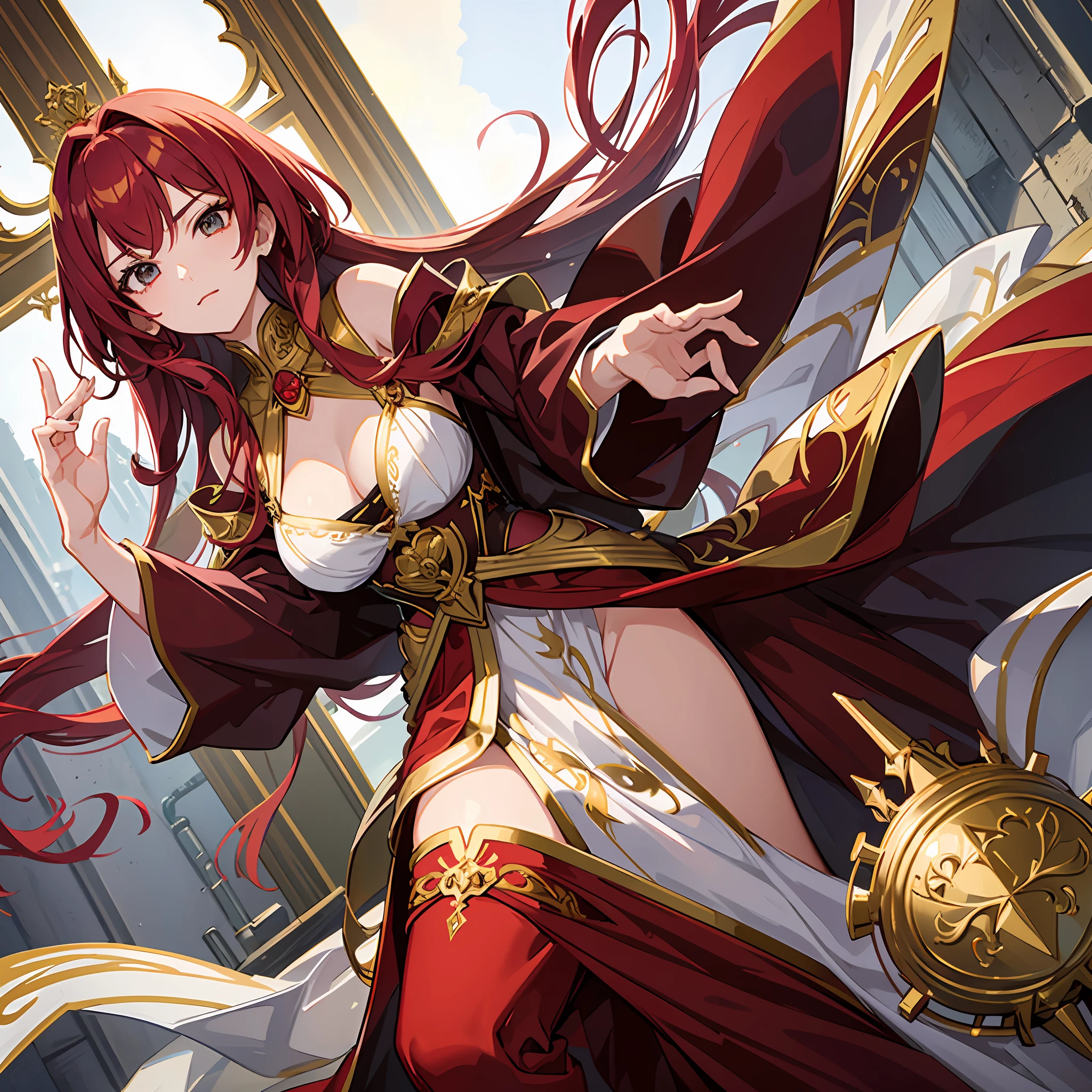Create a picture of a 21-year-old anime woman with long, flowing red hair. She is wearing clothing inspired by imperial style, with elegant and luxurious elements. The outfit can be an elegant dress with gold embroidery details or a flowing robe with royal accents. Her face exudes a determined and confident demeanor, with sharp and serious eyes. Capture a strong aura that highlights her leadership through this picture. Show that she is a powerful figure, radiating unmatched grace.