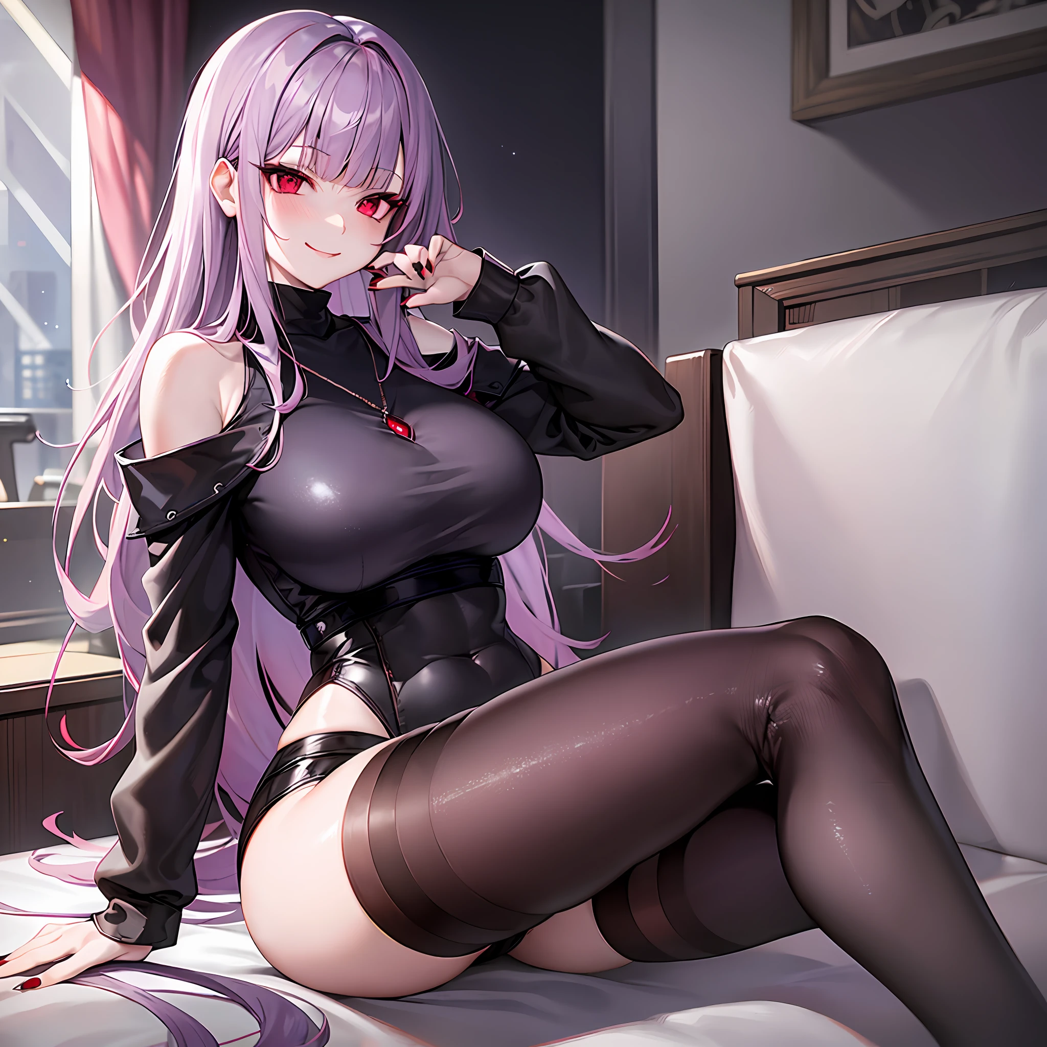 Red eyes, pale skin, medium light purple hair, blunt bangs, medium breasts, black nails, thicc thighs, red crystal necklace, smirk, smile, light blush, black turtleneck, black skirt, black thigh highs , sitting on the sofa, cowboy shot, female, masterpiece