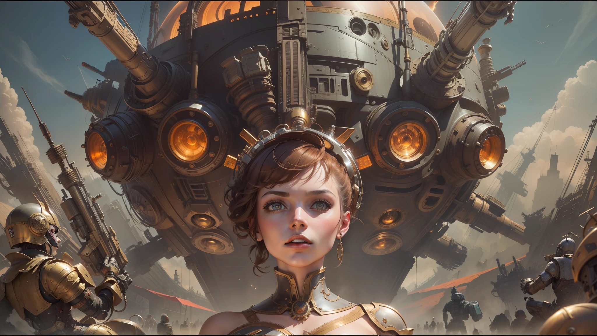 a close up of a woman in a corset dress with a bunch of people, les edwards poster art, golden and copper armor, mech, seventies, face like ester exposito, 1 9 7 0 s female alive, key frame, dollpunk, band of gold round his breasts, barbarella, metalic, mechanical, mechanical superstructure --auto --s2