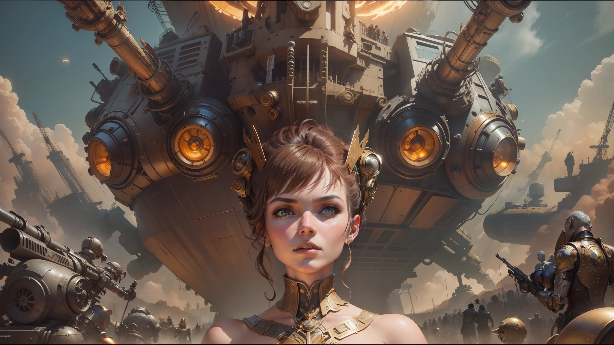 a close up of a woman in a corset dress with a bunch of people, les edwards poster art, golden and copper armor, mech, seventies, face like ester exposito, 1 9 7 0 s female alive, key frame, dollpunk, band of gold round his breasts, barbarella, metalic, mechanical, mechanical superstructure --auto --s2