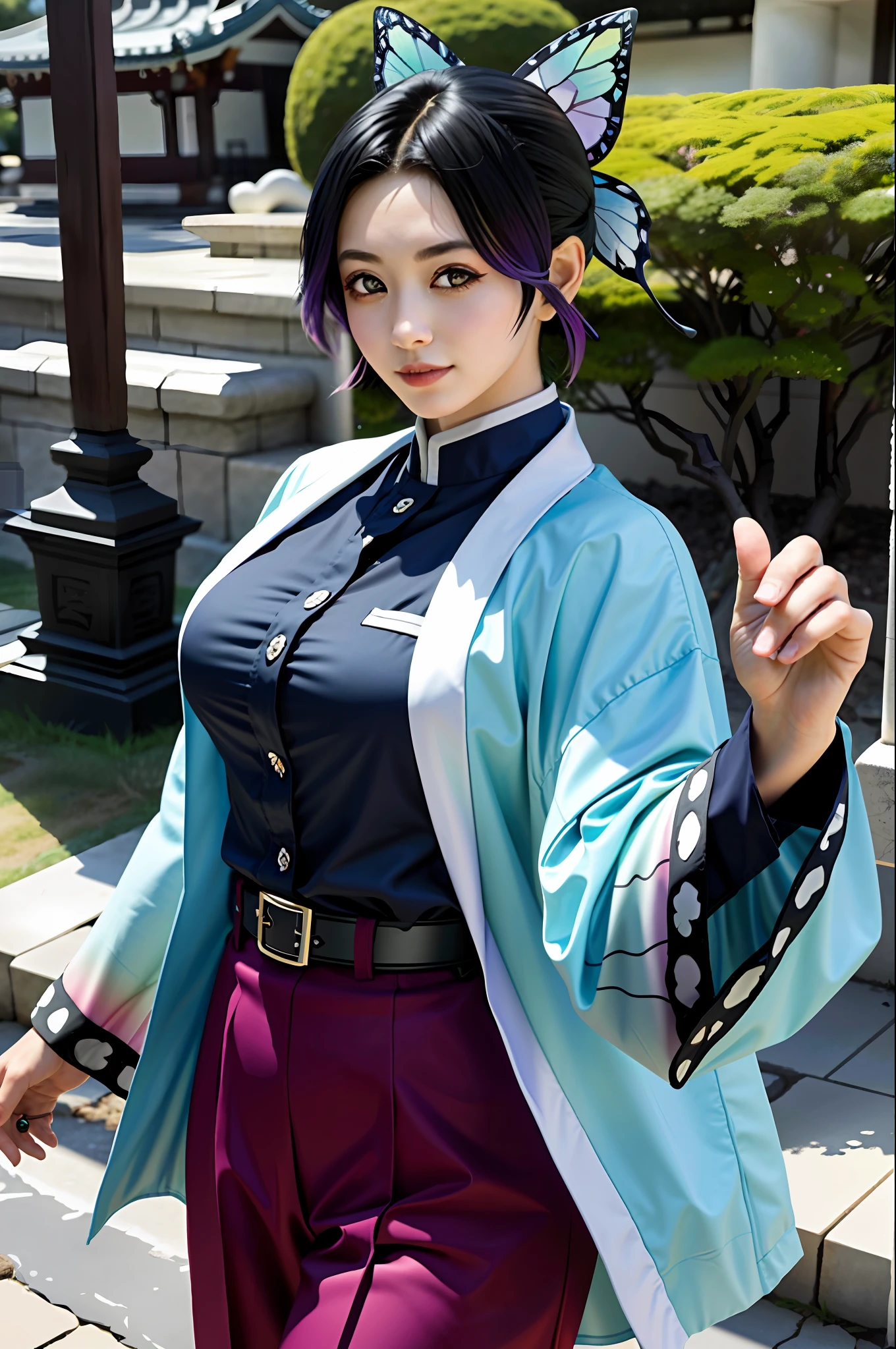 masterpiece, ultra detailed, background is temple, kochou shinobu, wearing demon slayer uniform