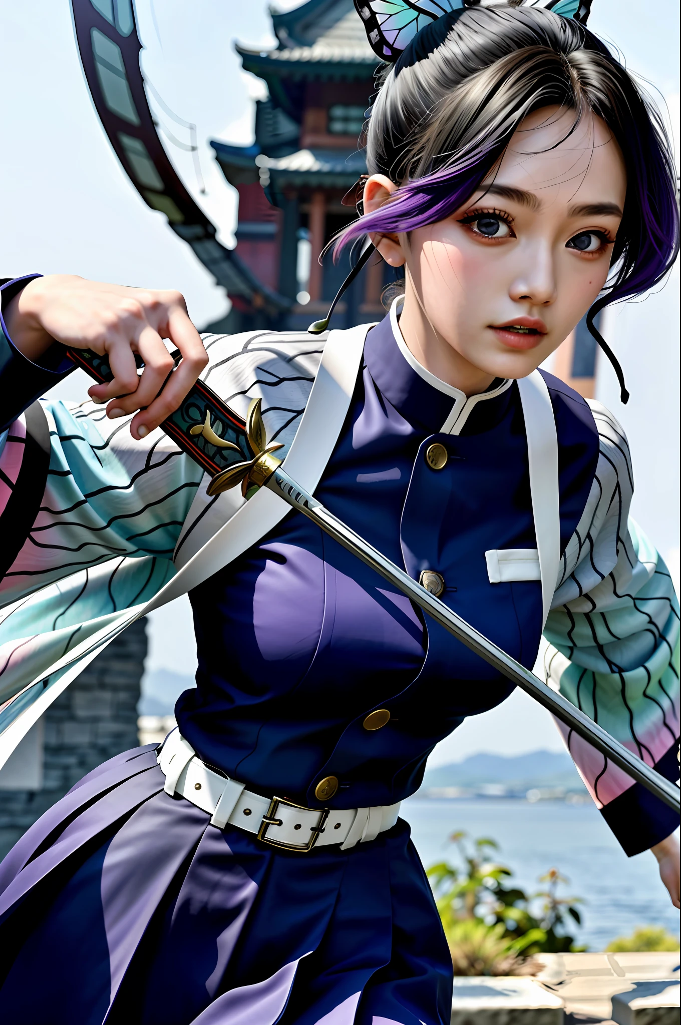 masterpiece, ultra detailed, background is temple, kochou shinobu, wearing demon slayer uniform