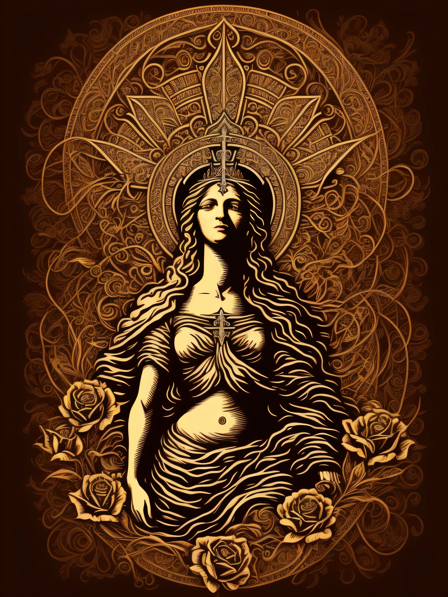 (High quality Chicano airbrush art),(masterpiece, best quality, ultra-detailed),ultra-detailed,8K resorution,(head to toe image),(full-length portrait),(black background),(symmetrical),(Vertical symmetry),((1 virgin mary,solo)),((large Roses symmetrically placed on both sides)),((Painted in extreme colors)),((brightly colored)),t-shirt design,(religious symbolism),(inspired by Holy Mary),(detailed additions),(iconography)
