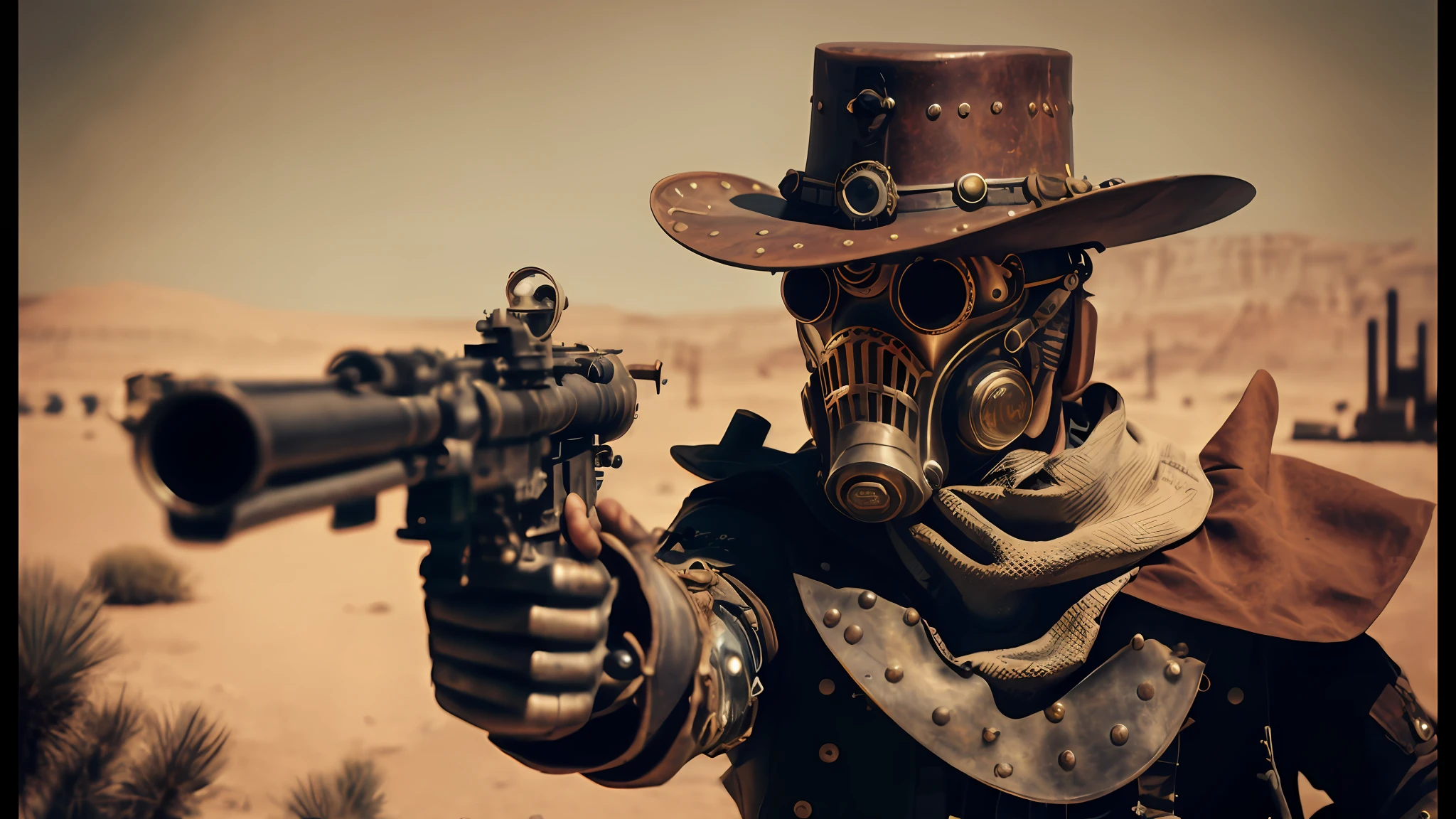 there is a man in a gas mask holding a gun, western steampunk cyborg, cyberpunk wild west, post - apocalyptic cowboy, steampunk warrior, steampunc, steampunk fiction, steampunk! fiction, sci-fi steampunk, space soldier on mars with a gun, dieselpunk atmosphere, steam-punk, the gunslinger, steampunk armor, steampunk style, steampunk bioarmor --auto --s2