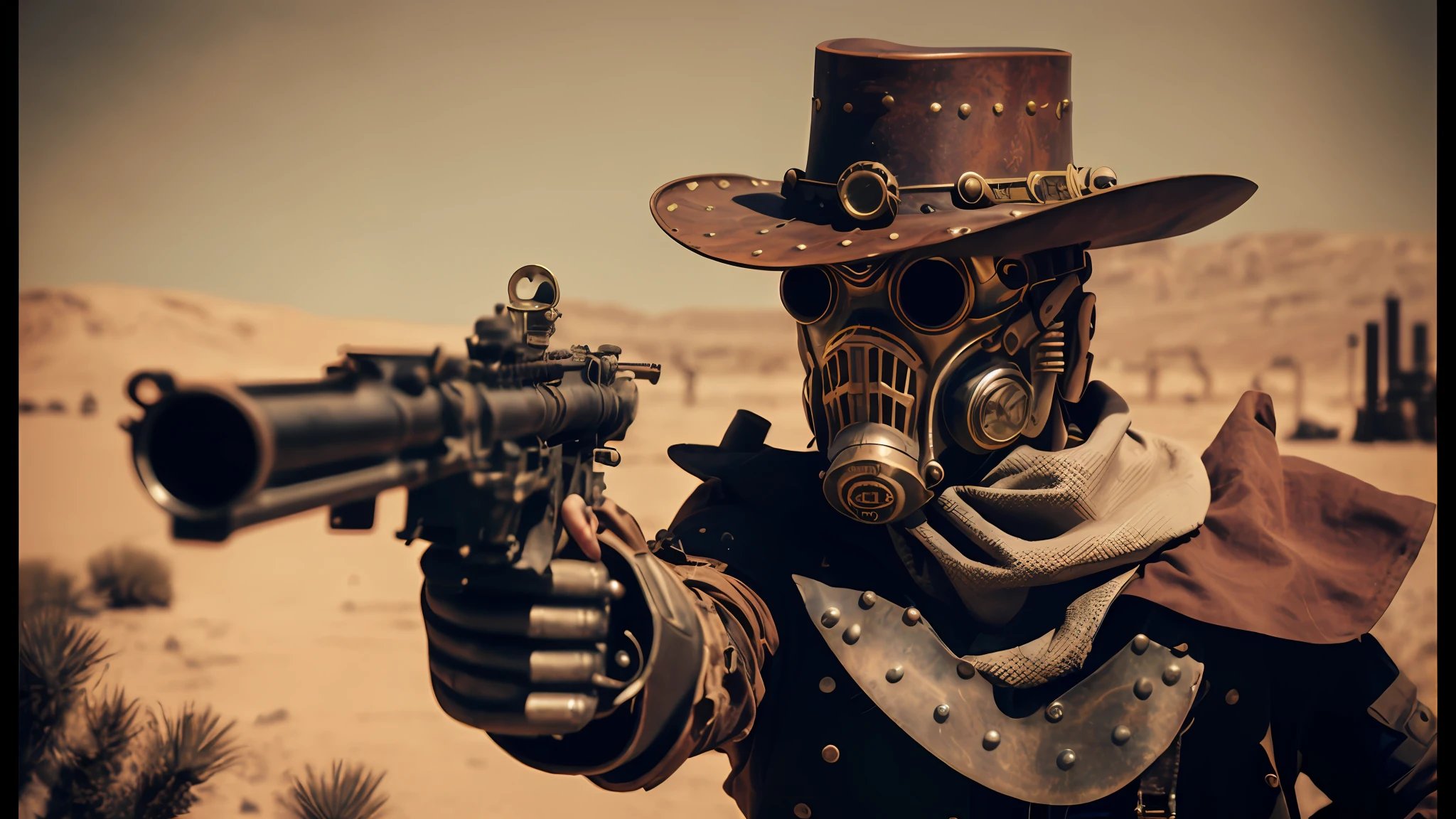 there is a man in a gas mask holding a gun, western steampunk cyborg, cyberpunk wild west, post - apocalyptic cowboy, steampunk warrior, steampunc, steampunk fiction, steampunk! fiction, sci-fi steampunk, space soldier on mars with a gun, dieselpunk atmosphere, steam-punk, the gunslinger, steampunk armor, steampunk style, steampunk bioarmor --auto --s2