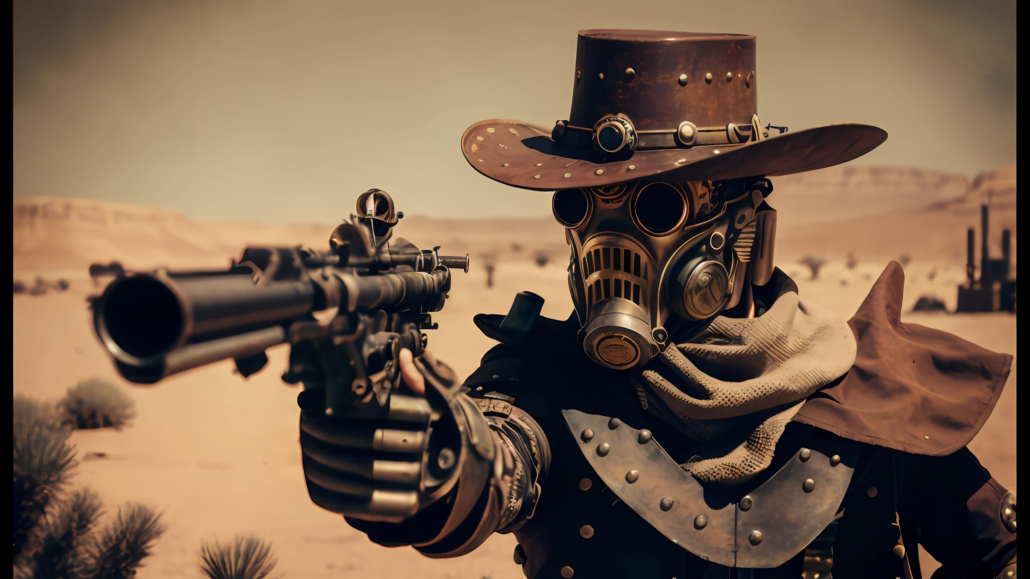 there is a man in a gas mask holding a gun, western steampunk cyborg, cyberpunk wild west, post - apocalyptic cowboy, steampunk warrior, steampunc, steampunk fiction, steampunk! fiction, sci-fi steampunk, space soldier on mars with a gun, dieselpunk atmosphere, steam-punk, the gunslinger, steampunk armor, steampunk style, steampunk bioarmor --auto --s2