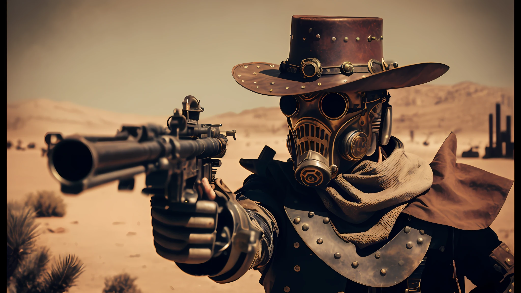there is a man in a gas mask holding a gun, western steampunk cyborg, cyberpunk wild west, post - apocalyptic cowboy, steampunk warrior, steampunc, steampunk fiction, steampunk! fiction, sci-fi steampunk, space soldier on mars with a gun, dieselpunk atmosphere, steam-punk, the gunslinger, steampunk armor, steampunk style, steampunk bioarmor --auto --s2