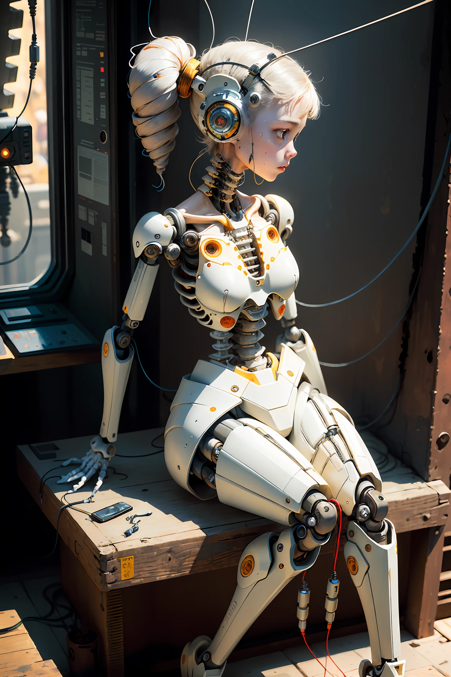 (masterpiece, top quality, top quality, official art, beautiful and aesthetic: 1.2), (1 girl: 1.3), highly detailed, colorful, best detailed ((ultra detailed)), (highly detailed CG illustration), ( (very delicate and beautiful)), (from the side), cinematic light, ((1 mechanical girl)), solo, full body, (machine joints: 1.2), ((machine limbs)), (connected to tubes) (mechanical vertebrae attached to the back), ((mechanical cervical vertebrae attached to the neck)), (sitting), expressionless, (wires and cables attached to the neck :1.2), (head wires and cables: 1.2) (character focus), sci-fi, white background, (blood: 1.5)