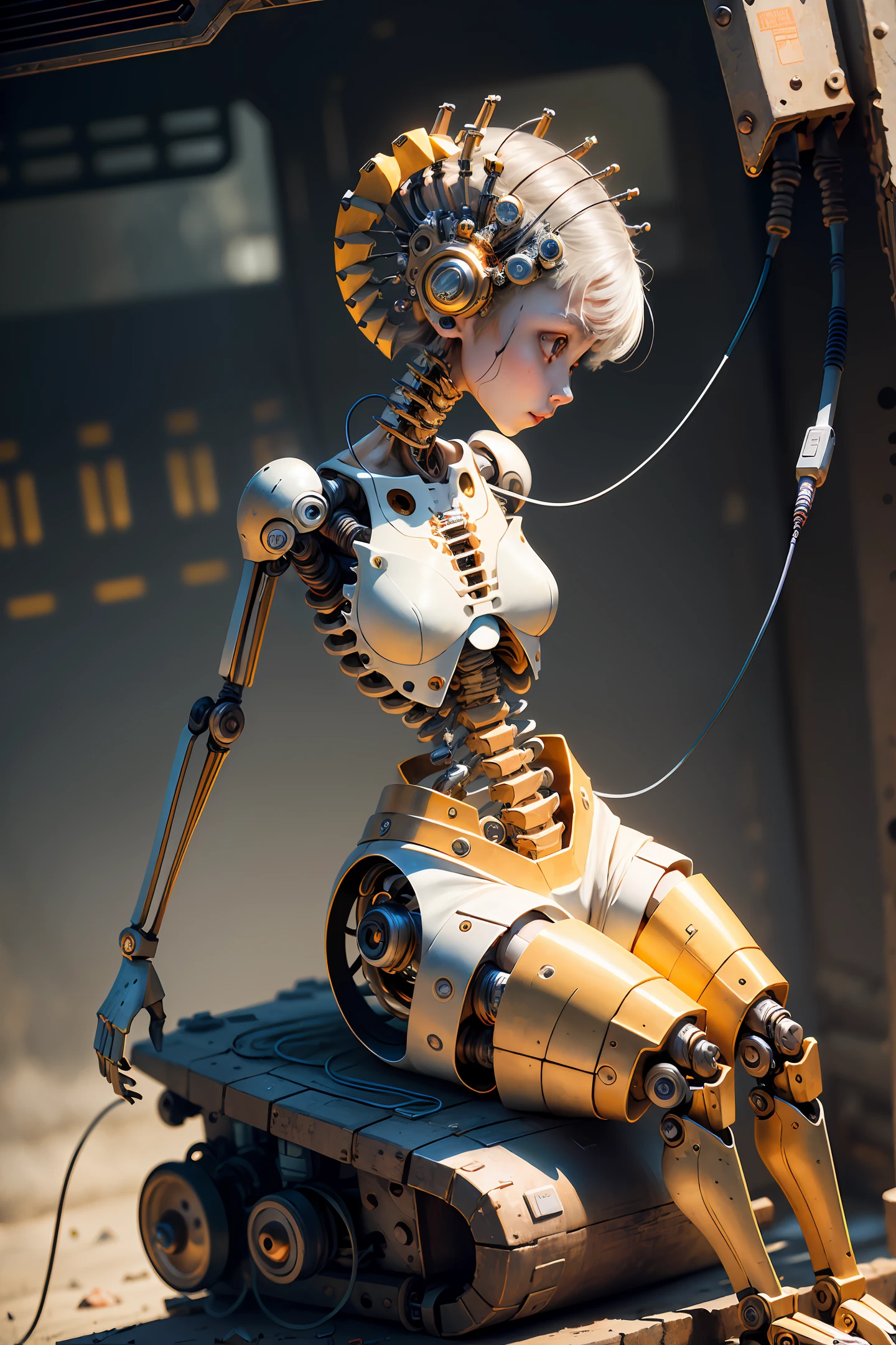 (masterpiece, top quality, top quality, official art, beautiful and aesthetic: 1.2), (1 girl: 1.3), highly detailed, colorful, best detailed ((ultra detailed)), (highly detailed CG illustration), ( (very delicate and beautiful)), (from the side), cinematic light, ((1 mechanical girl)), solo, full body, (machine joints: 1.2), ((machine limbs)), (connected to tubes) (mechanical vertebrae attached to the back), ((mechanical cervical vertebrae attached to the neck)), (sitting), expressionless, (wires and cables attached to the neck :1.2), (head wires and cables: 1.2) (character focus), sci-fi, white background, (blood: 1.5)