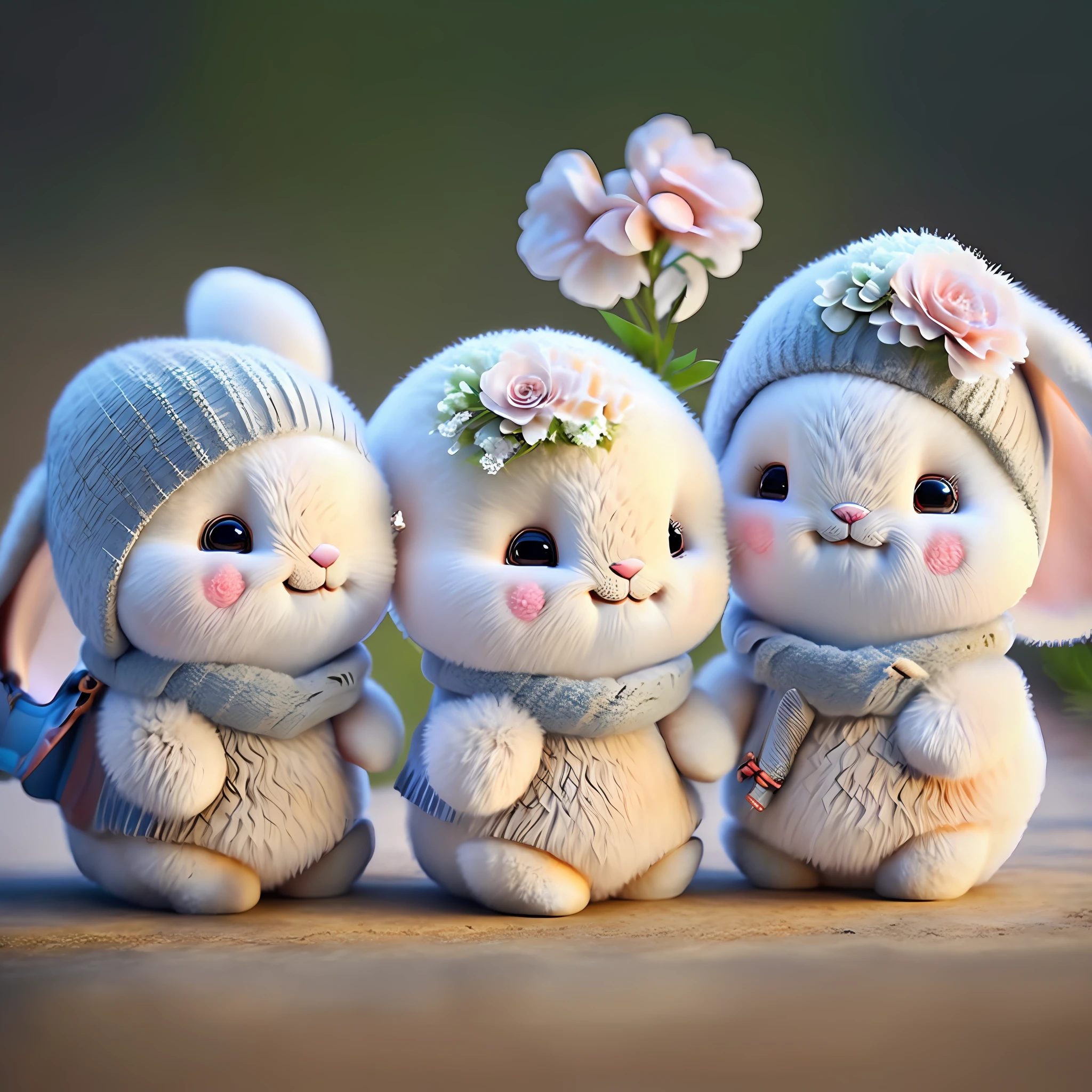 two fluffy, delicate, detailed, cute, identical, white bunnies, wearing cap facing backwards, in sunny day, summer, holding camera, tree_stump, flowers, creation, cute, photorealistic, soft lighting,