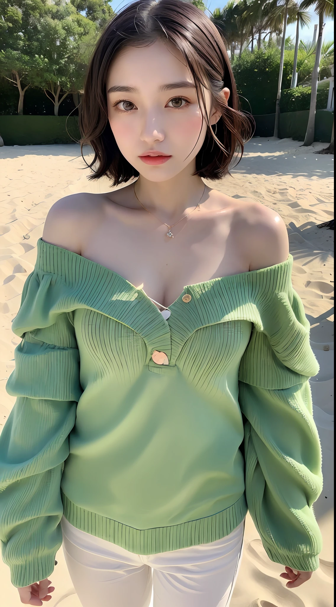 ((Realistic Sunshine, 8k, Top Quality, Masterpiece: 1.3)), (Realistic, Crisp Focus: 1.2), Very Delicate and Cute Japan Girl: 1.4, (1 girl)), Perfect Style, Ultra Detailed, High Resolution, (Off Shoulder: 1.1), (Black Hair, Short Hair, Layer Cut: 1.2), Cleavage, (Big, Full Body: 1.3), Highly Detailed Face and Skin Texture, Highly detailed lip texture, beautiful detailed eyes, face light, nose blush, blue pupils, green eyes, shiny lips, eye makeup, slender abs: 1.2, necklace, earrings, beach, outdoor, realistic shadow,