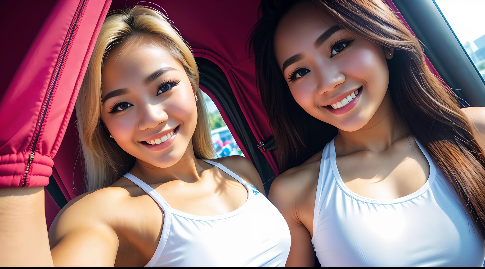 young beautiful Thai woman, blond hair, bodybuilder physique, parachute, happy, taking selfie, close up, half body, masterpiece, best quality, ultra-detailed, solo, cherful,