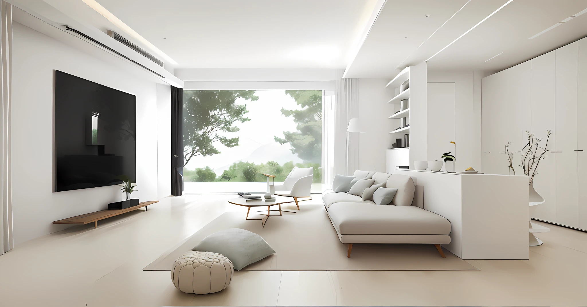 There is a living room with sofa and table, simple comfort, clean lines, area flow, plain soft furnishings, large floors, simple textured tiles, simple plain elegance, white gray, wood metal, square geometry, open space, beautiful aesthetic design, minimalist modern, modern style, living room, modern simplicity, simplicity and beauty