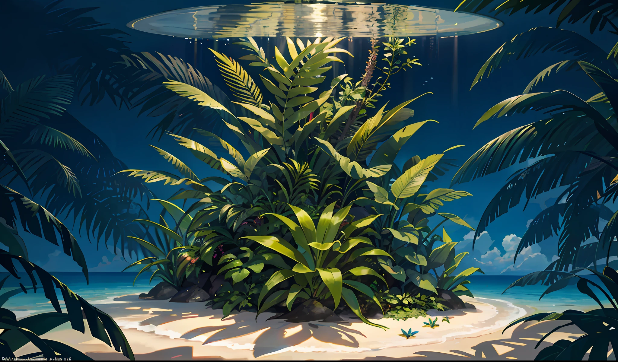 tropical jungle, tropical beach, alien tropical world, beautiful beach, sunlight, summer, many islands floating in the air, alien tropical vegetations, tropical alien plants, tropical alien otherworldly flowers, concept art, fantasy, magic plants are growing, extreme details, realistic light, magnificent composition, (intricate details), (intricate design, ultra detail:1.2), art station, (masterpiece, best quality), ultra hd, 32k --v 6