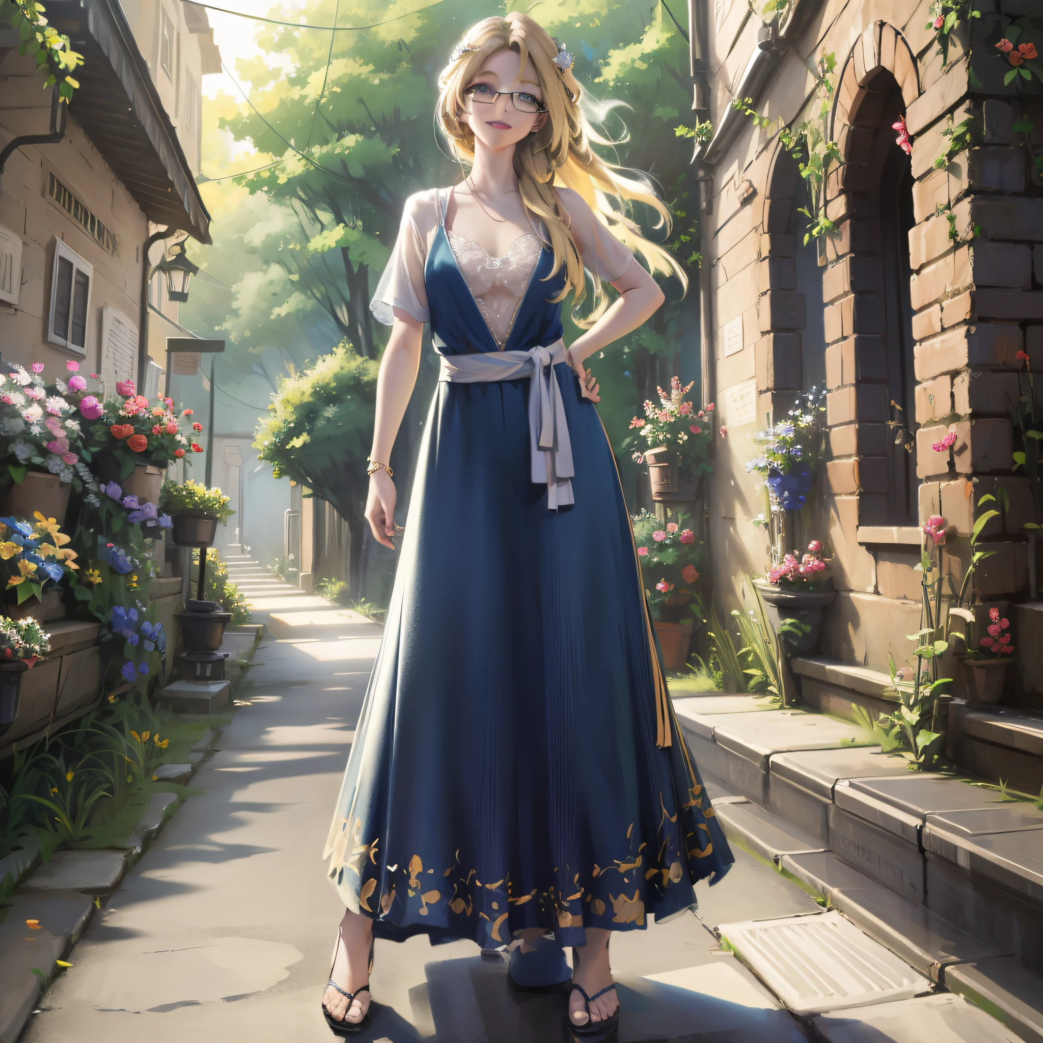 Blonde hair blue eyes long legs smile long skirt glasses full body