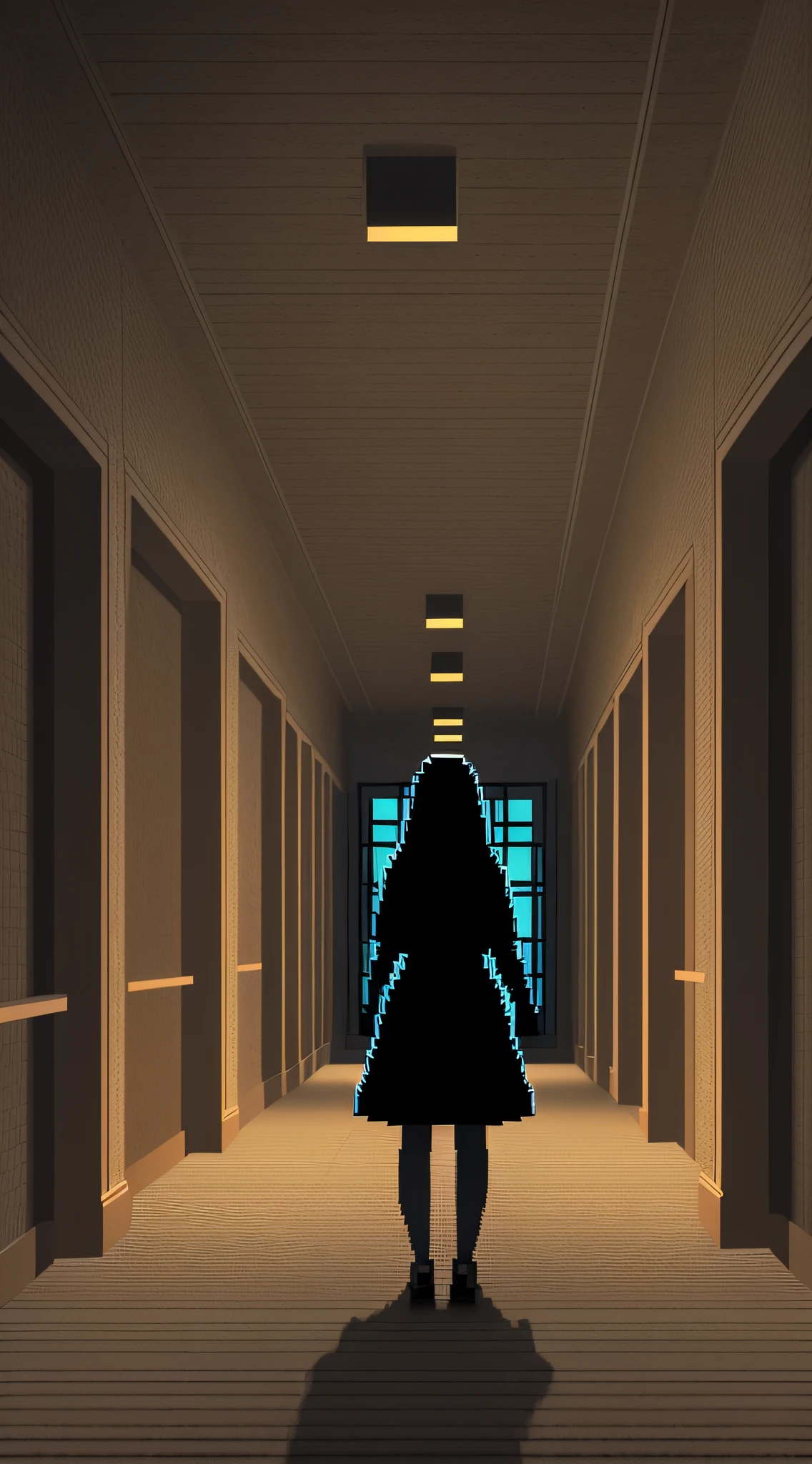 pixel art of a girl standing with her back to me in a dark hallway, very dark, horror, masterpiece, liminal space, terrifying, dark tone,