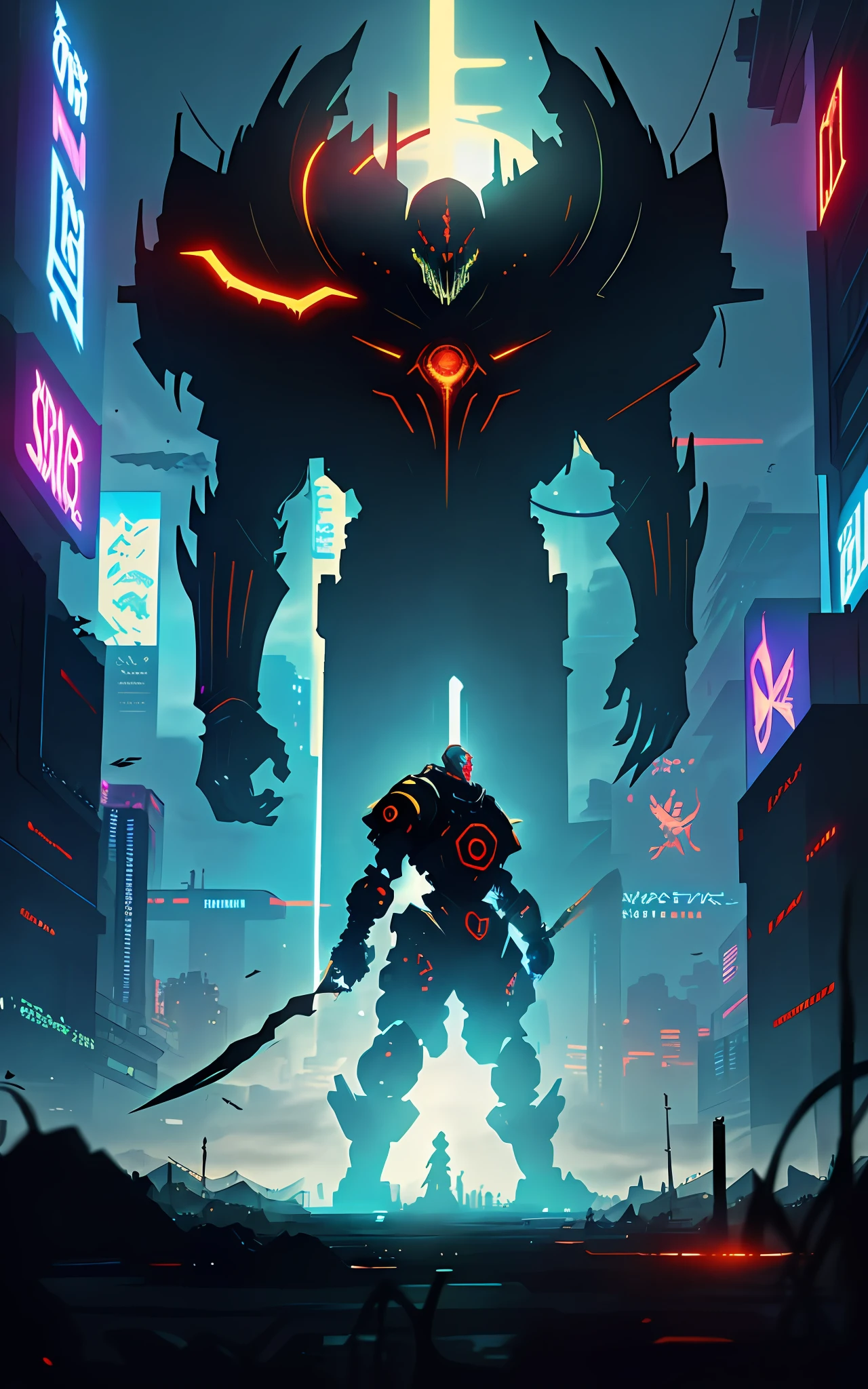 Anime - Style illustration of a giant robot standing in a city, duelyst style, cyberpunk anime digital art, digital concept art illustration, Dan Mumford. 8 K Octane render, Digital Cyberpunk - anime art, cyberpunk anime art, game poster, cyberpunk anime art, Android Jones and Atey Ghailan, cyberpunk artstyle, Dan Mumford. octane rendering, blender