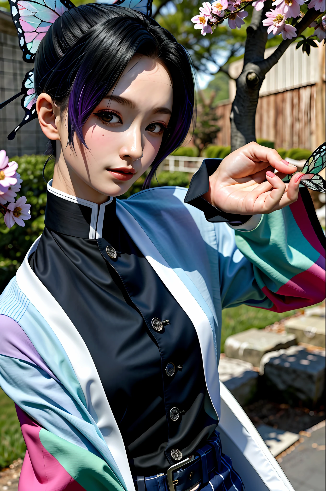 masterpiece, ultra detailed, background is temple, kochou shinobu, wearing demon slayer uniform