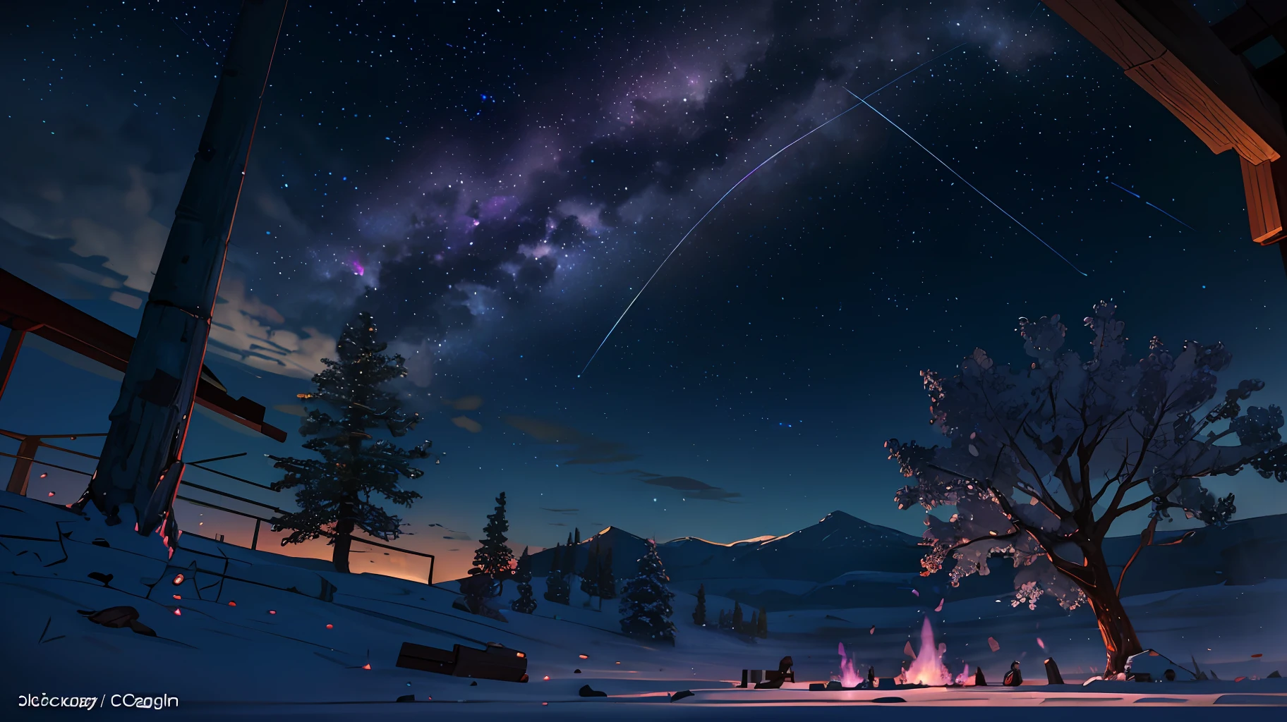 expansive landscape photography, (a view from below showing the sky above and the open field below), (full moon: 1.2), (shooting stars: 0.9), (nebula: 1.3), distant mountain, BREAK tree production art, (hot light source: 1.2), (Firefly: 1.2), lamp, very purple and orange, complex details, volumetric lighting, realism BREAK (masterpiece: 1.2), (best quality), 4k,  ultra-detailed, (dynamic composition: 1.4), highly detailed, colorful details, (iridescent colors: 1.2), (bright lighting, atmospheric lighting), dreamy, magical, (solo: 1.2)