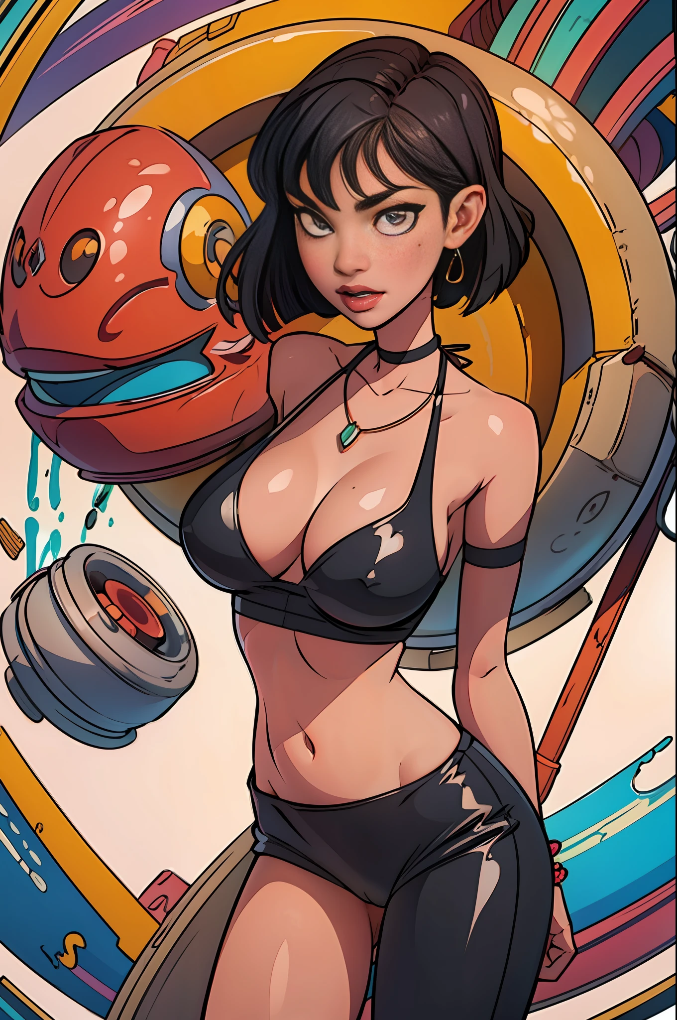 Black short hair, (lots of lip gloss, lots of lashes, caustics, broad light, natural color, female in her 21s) , necklace, bracelet, choker, full body, large boobs, mole on chest, bikini, ass sexy.