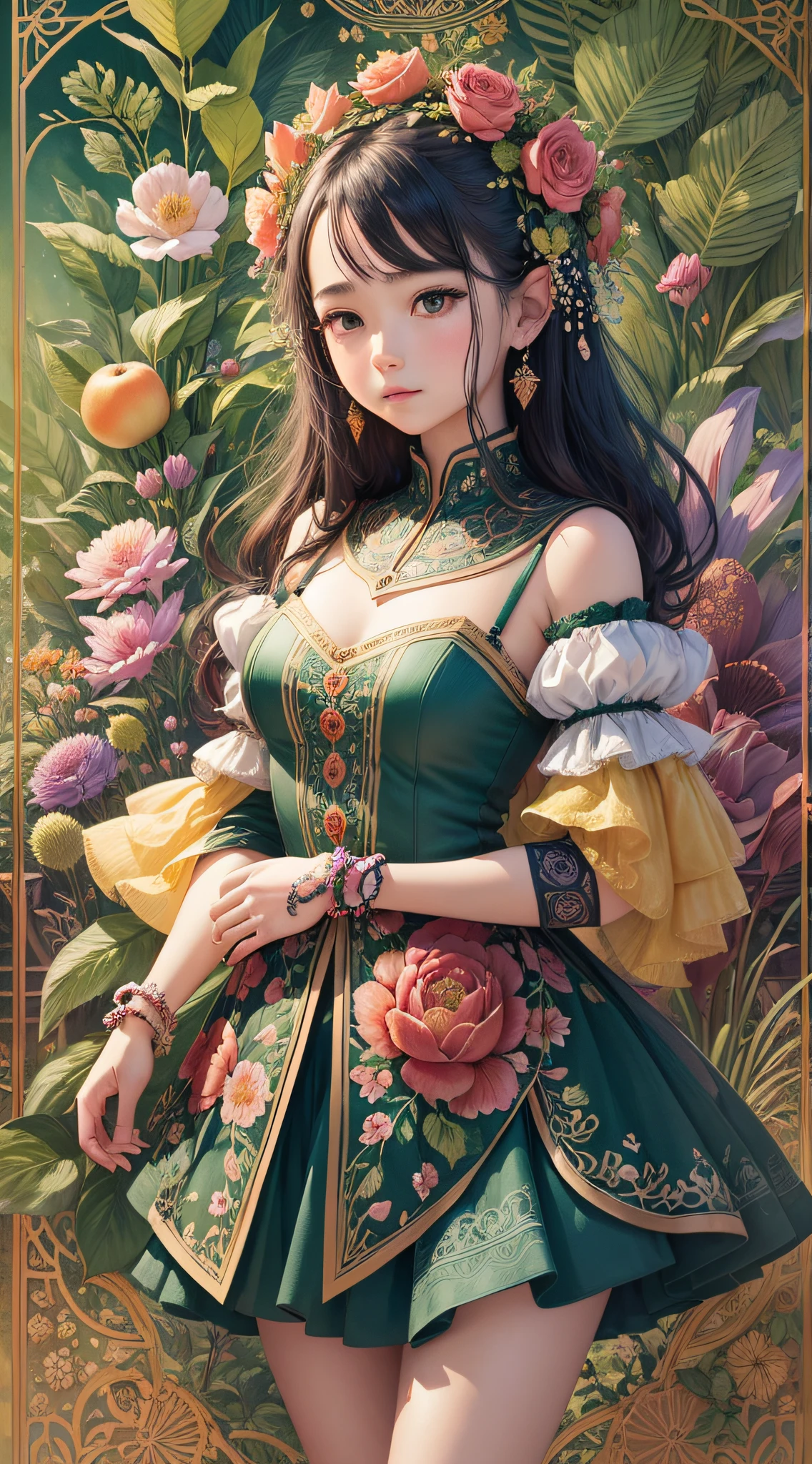 A mesmerizing garden filled with girl-shaped fruits, each fruit displaying vibrant colors and unique patterns, delicately carved with intricate details resembling flowers and leaves, surrounded by lush greenery and blooming flowers, creating a sense of enchantment and wonder, Illustration, watercolor painting, --ar 9:16 --v 5