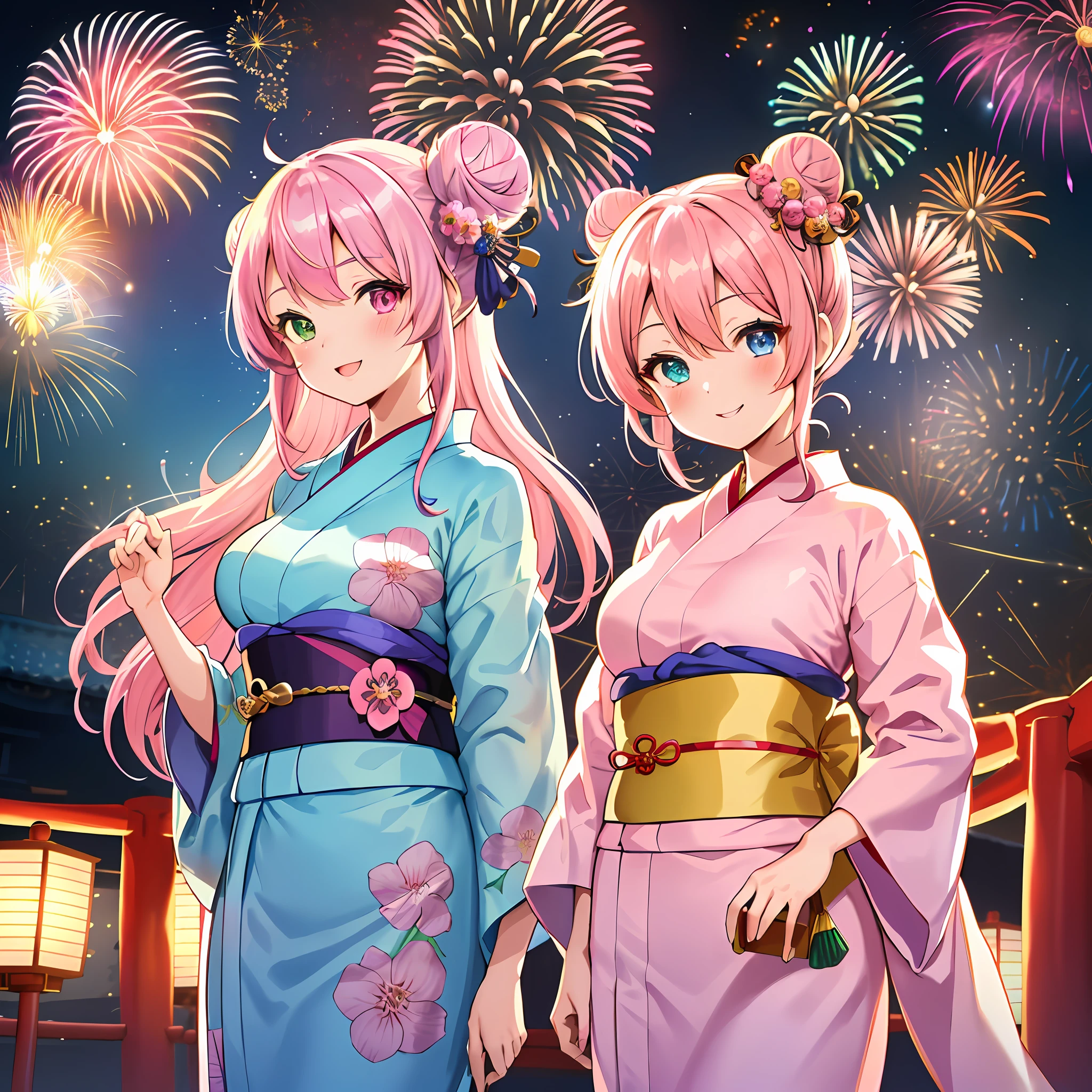 (chibi:1.2) girl, japanse kimono, in japanese summer temple festival (matsuri:1.4), paper lantern, night, (fireworks:1.4) in the sky , Shinto shrine archway, focus on chibi girl, looking at viewer, smile, happy"Kyoto Animation"style anime illustration, top quality, (cute: 1.1), (cute), (high resolution: 1.2), incredibly ridiculous: 1.3, incredibly fine illustration, cute girl, (heterochromia, light blue eyes and light green eyes), solo, standing figure, happy, :d, masterpiece, highest quality, absurdity, high resolution, Official Art, (cute: 1.8), (Chibi character: 1.5)), Solo, (((pink hair, bun hair, kanzashi)), thin hair, 1 beautiful girl, (cute: 1.8), caregiver, maid, (((long yukata, illustration of morning glory, indigo color, luxurious obi)), watch viewer, frontal, princess eyes, big breasts, from the front, Japan festival, night shop, cute geta, deformed character, have a goldfish drawstring