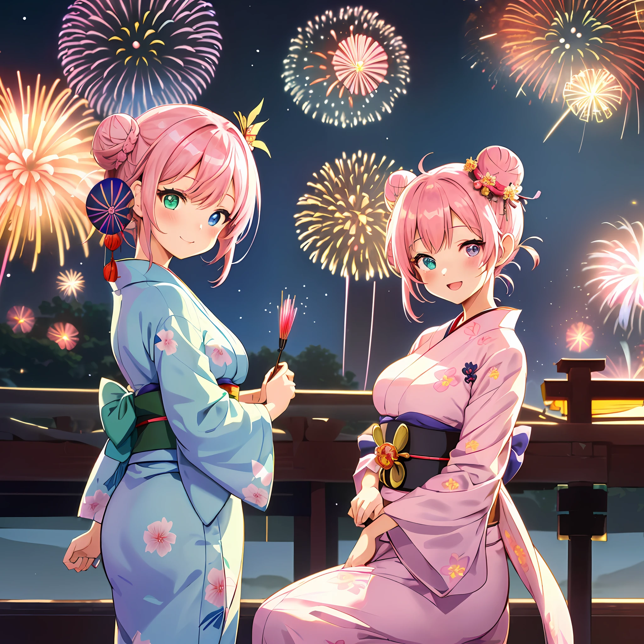 (chibi:1.2) girl, japanse kimono, in japanese summer temple festival (matsuri:1.4), paper lantern, night, (fireworks:1.4) in the sky , Shinto shrine archway, focus on chibi girl, looking at viewer, smile, happy"Kyoto Animation"style anime illustration, top quality, (cute: 1.1), (cute), (high resolution: 1.2), incredibly ridiculous: 1.3, incredibly fine illustration, cute girl, (heterochromia, light blue eyes and light green eyes), solo, standing figure, happy, :d, masterpiece, highest quality, absurdity, high resolution, Official Art, (cute: 1.8), (Chibi character: 1.5)), Solo, (((pink hair, bun hair, kanzashi)), thin hair, 1 beautiful girl, (cute: 1.8), caregiver, maid, (((long yukata, illustration of morning glory, indigo color, luxurious obi)), watch viewer, frontal, princess eyes, big breasts, from the front, Japan festival, night shop, cute geta, deformed character, have a goldfish drawstring