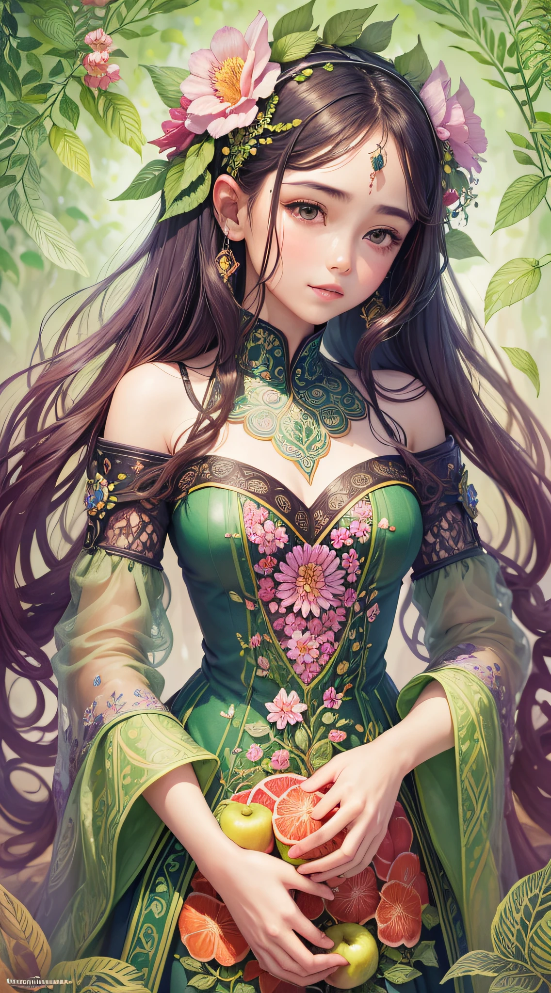 A mesmerizing garden filled with girl-shaped fruits, each fruit displaying vibrant colors and unique patterns, delicately carved with intricate details resembling flowers and leaves, surrounded by lush greenery and blooming flowers, creating a sense of enchantment and wonder, Illustration, watercolor painting, --ar 9:16 --v 5